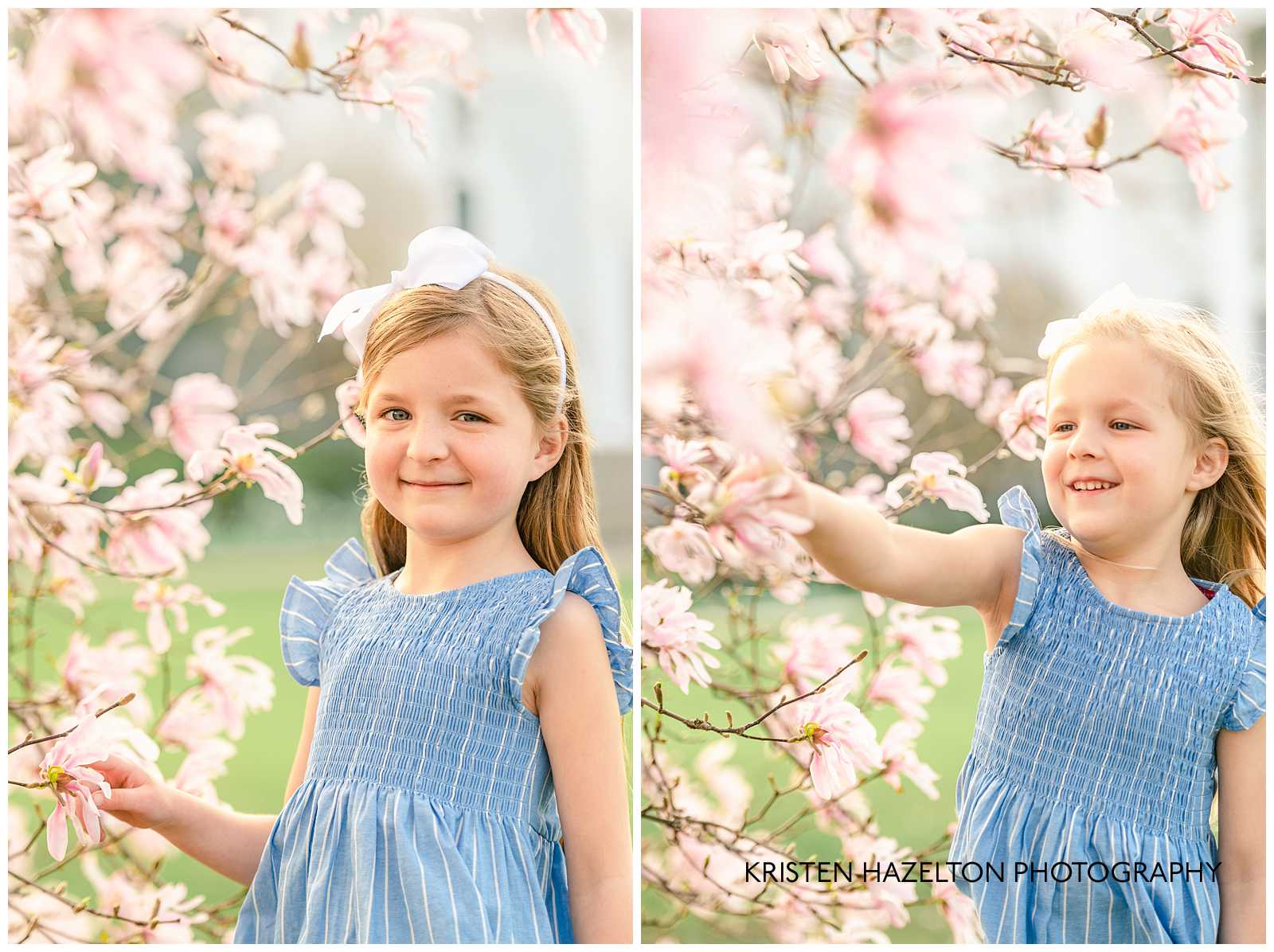 Two young sisters in blue dresses with pink magnolia flowers