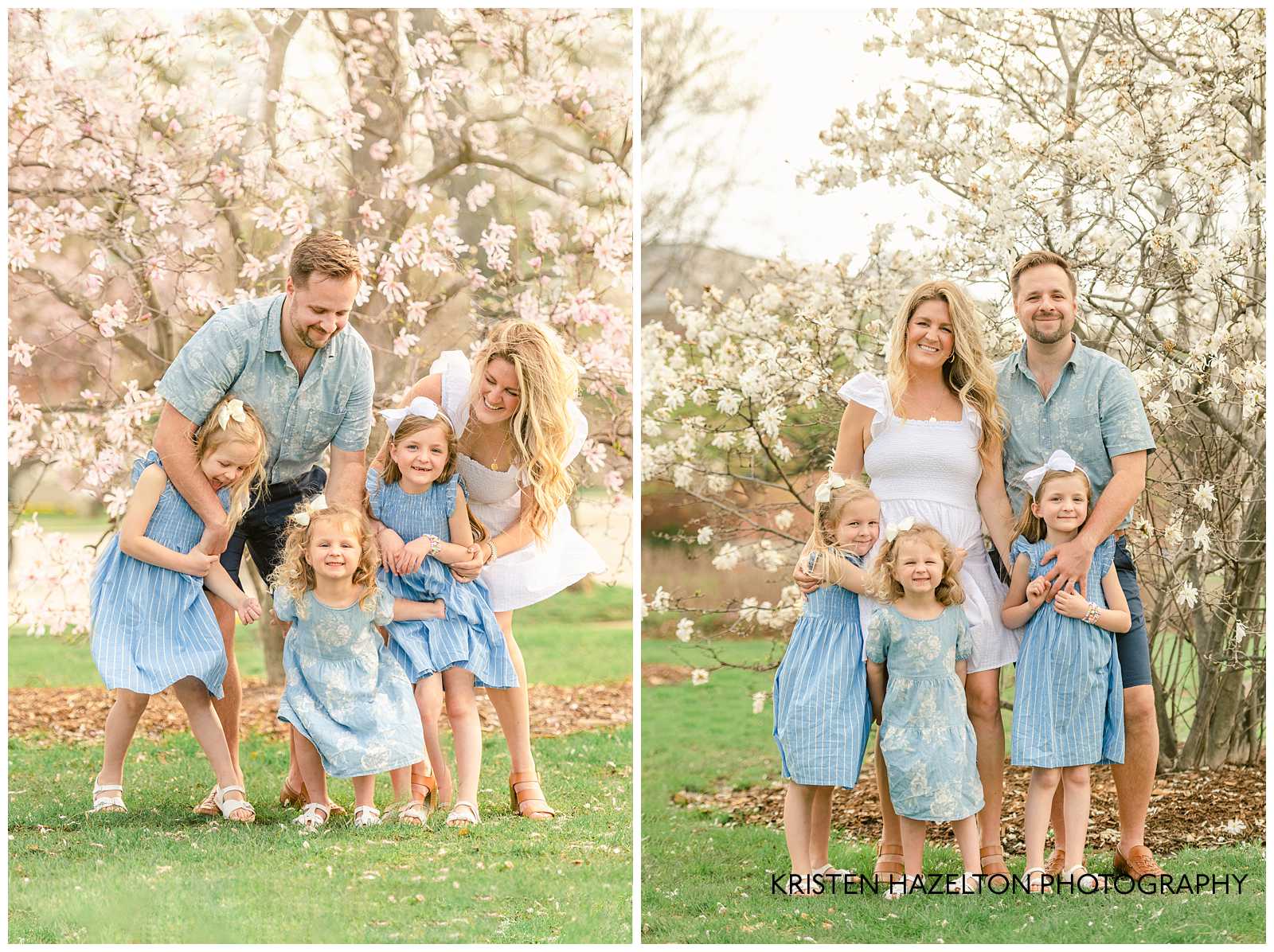 Family with three young daughters standing in front of pink and white star magnolia blossoms
