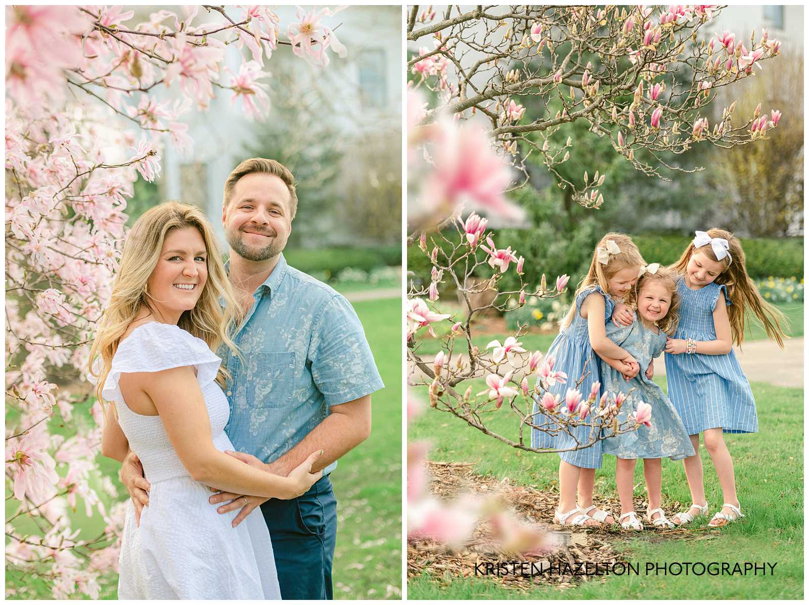 A family with three young daughters standing in front of pink magnolia blossoms by Downers Grove Photographer Kristen Hazelton