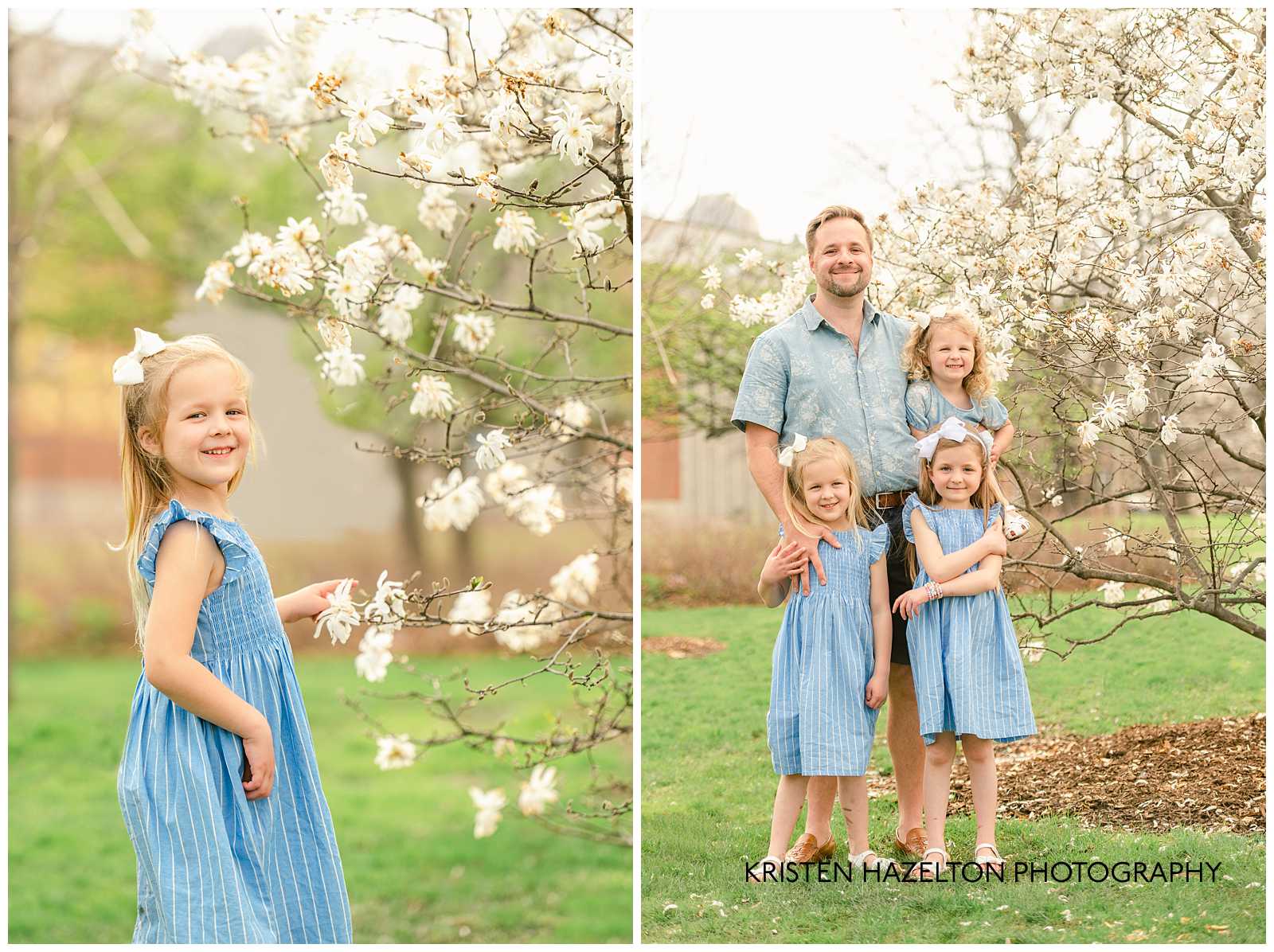 Dad with his three girls with white star magnolia blossoms by Downers Grove Photographer Kristen Hazelton