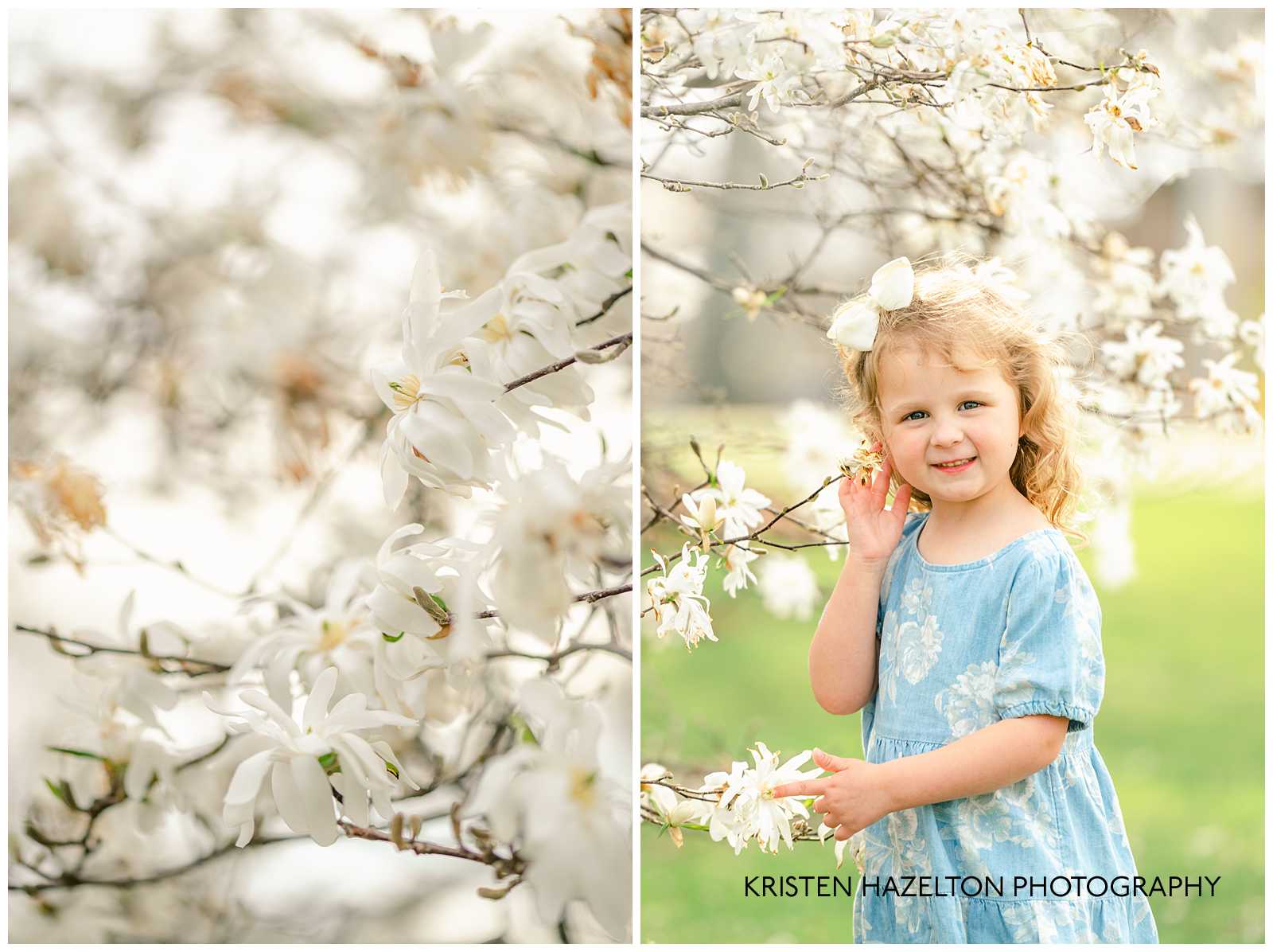 Little girl in blue dress in front of white magnolia flowers.