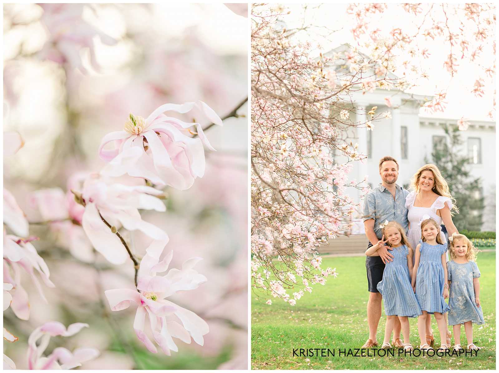 A family with three young daughters wearing blue dresses by Downers Grove Photographer Kristen Hazelton