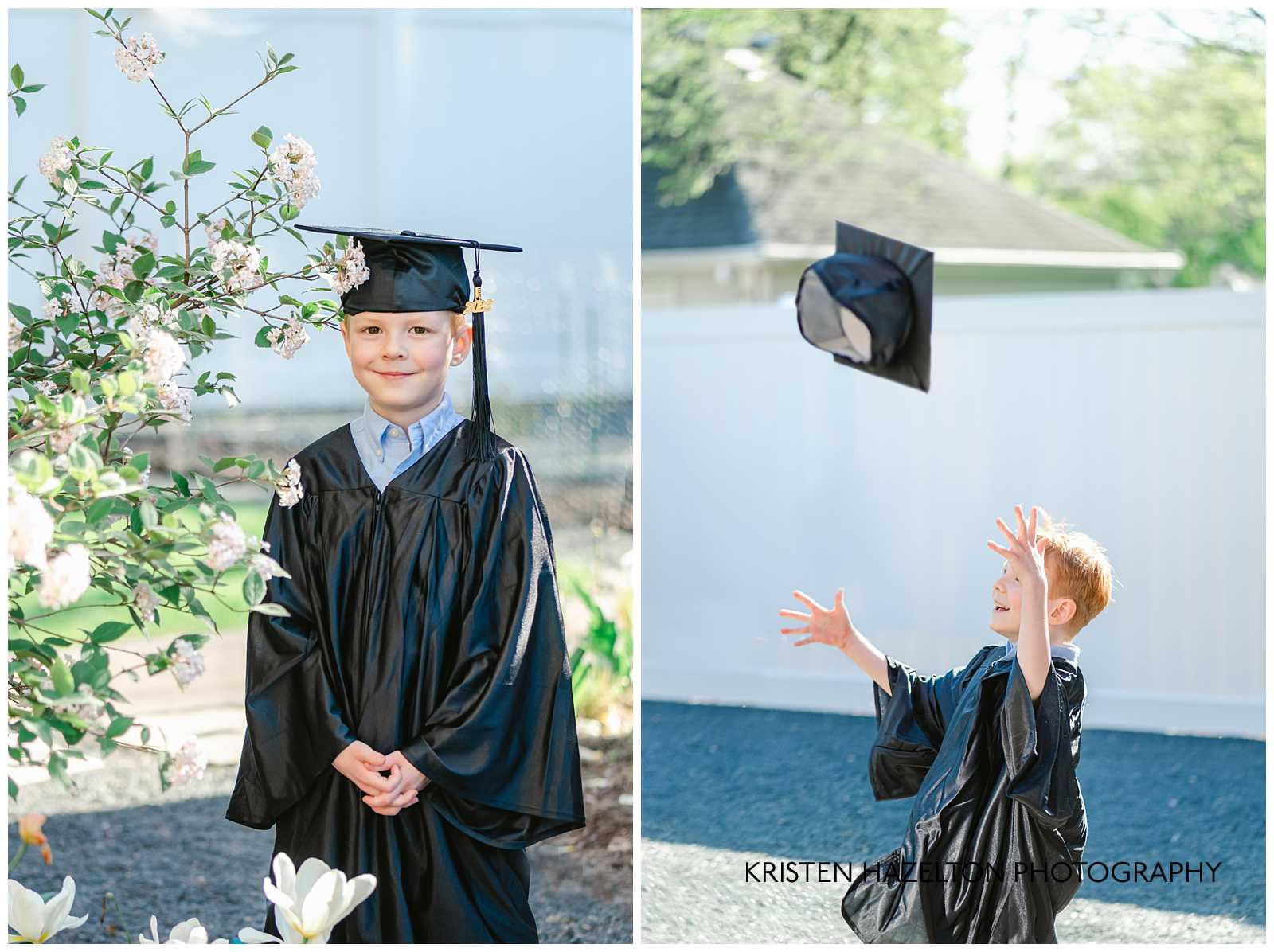 kindergarten graduate wearing graduation robes and throwing a cap in the air