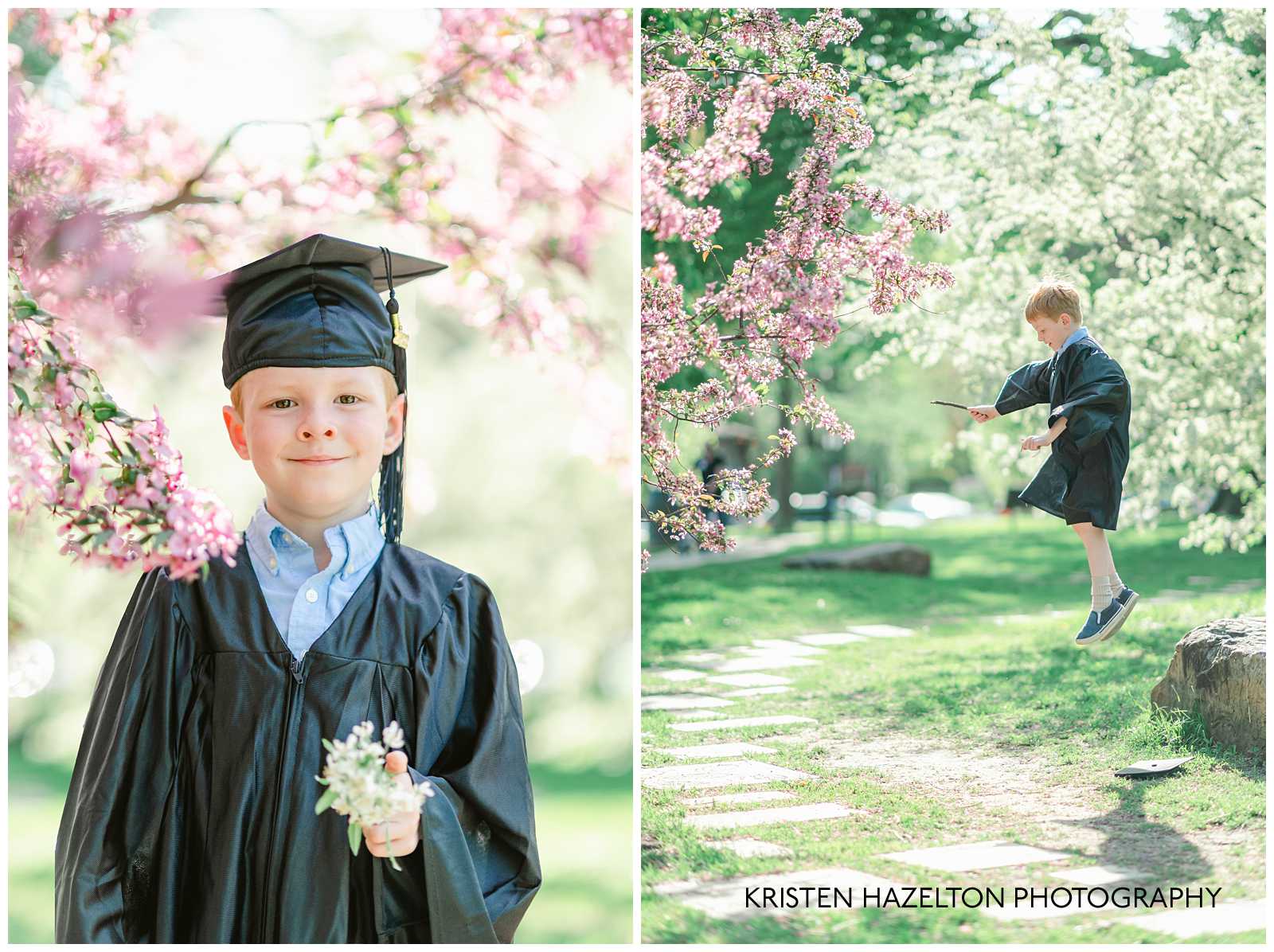 Young boy in graduation robes jumping off a rock
