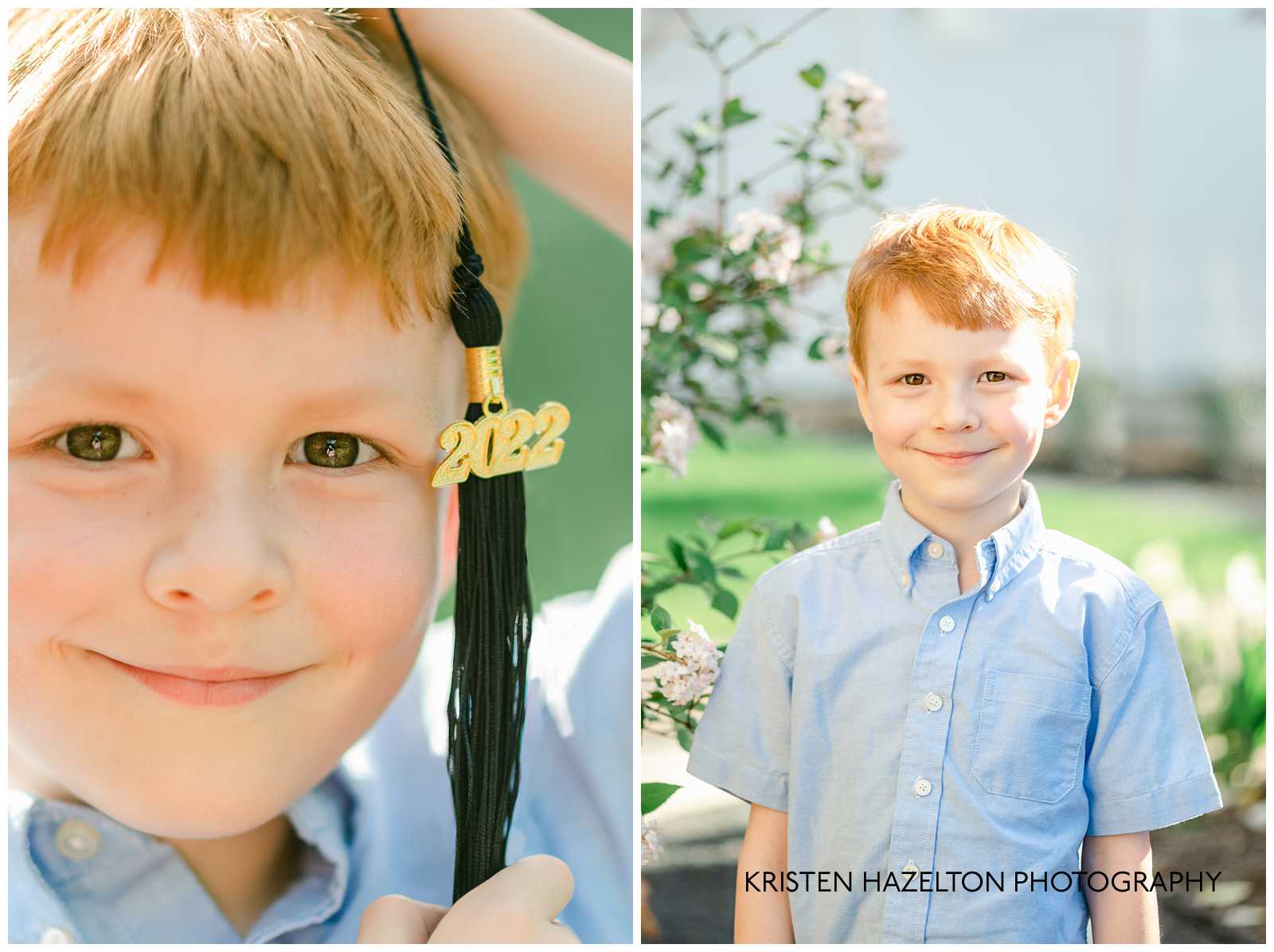 Young boy holding up a graduation tassel next to his eye that reads 2022.