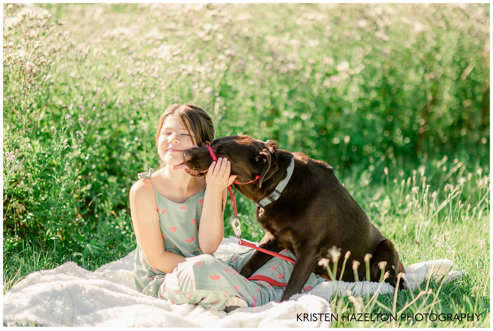 Young girl in a watermelon dress getting kisses from her brown dog.