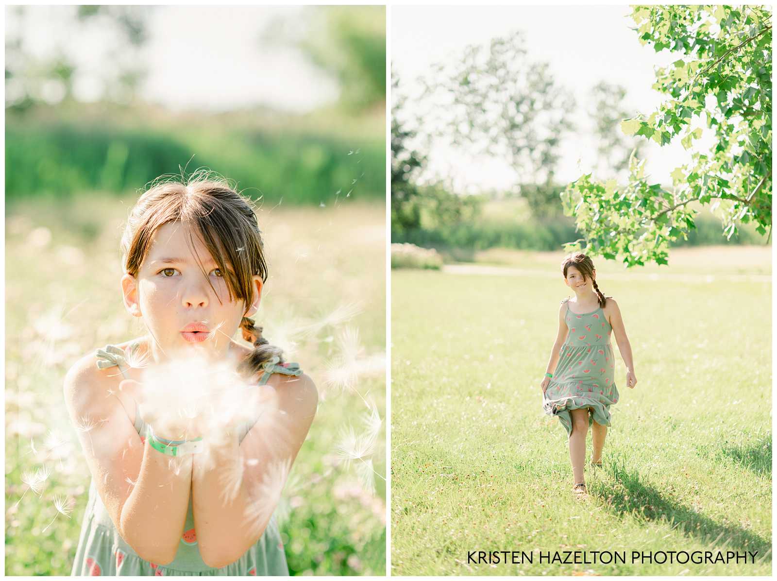 Young girl blowing dandelion seeds in a meadow by Naperville Family Photographer Kristen Hazelton.