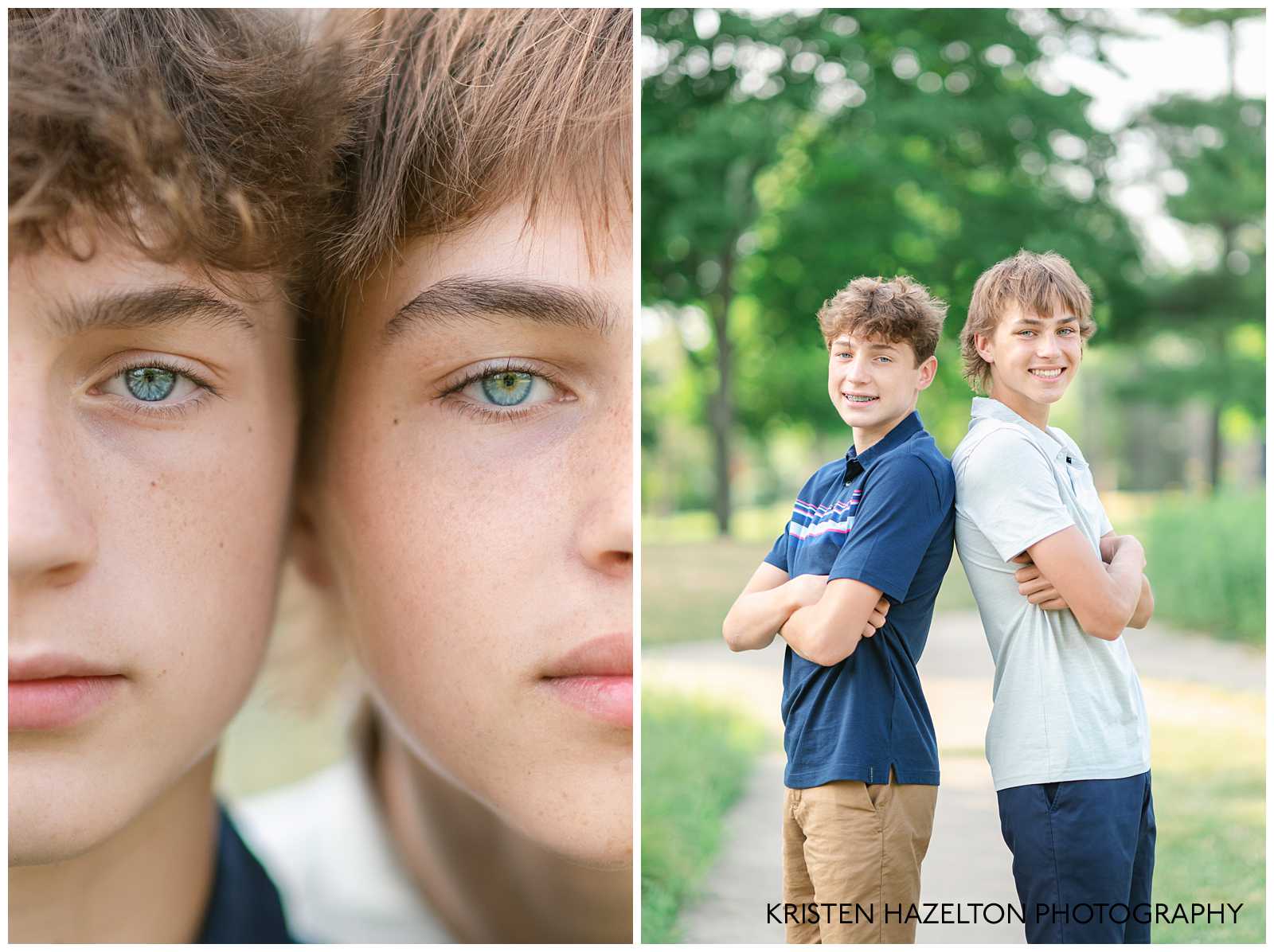 Closeup shot of the eyes of two teenage brothers at photoshoot highlighting family photos with teens by Chicago photographer Kristen Hazelton.