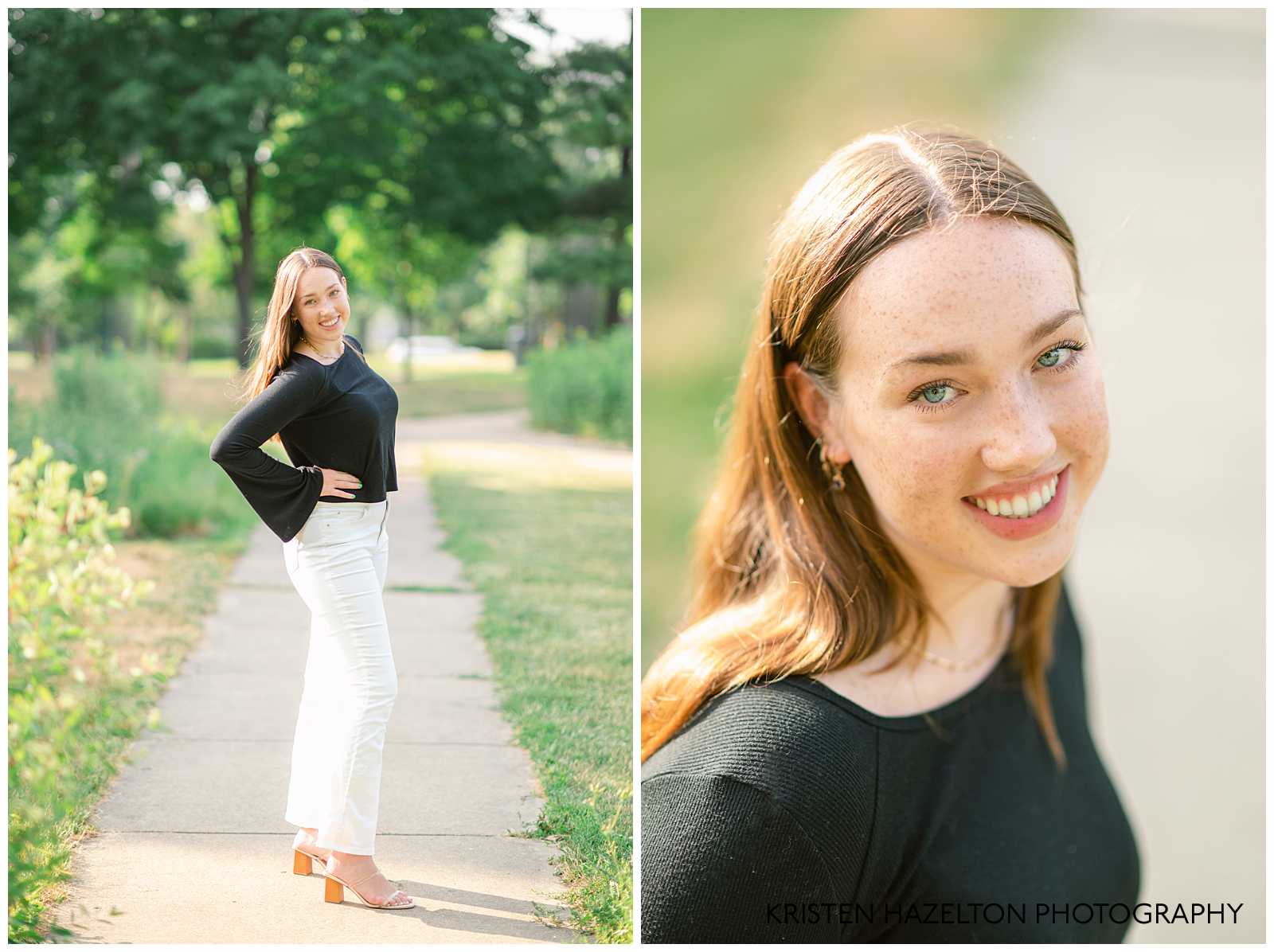 High school senior photos of a girl with freckles wearing a black shirt.