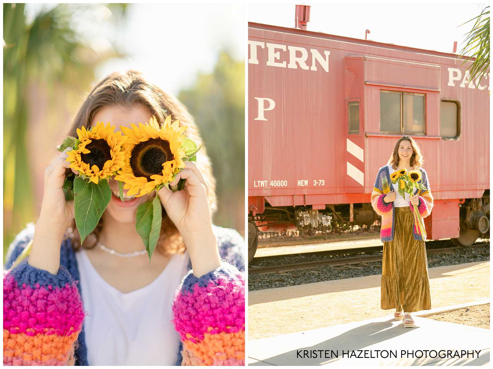 High school senior portraits with a sunflower bouquet