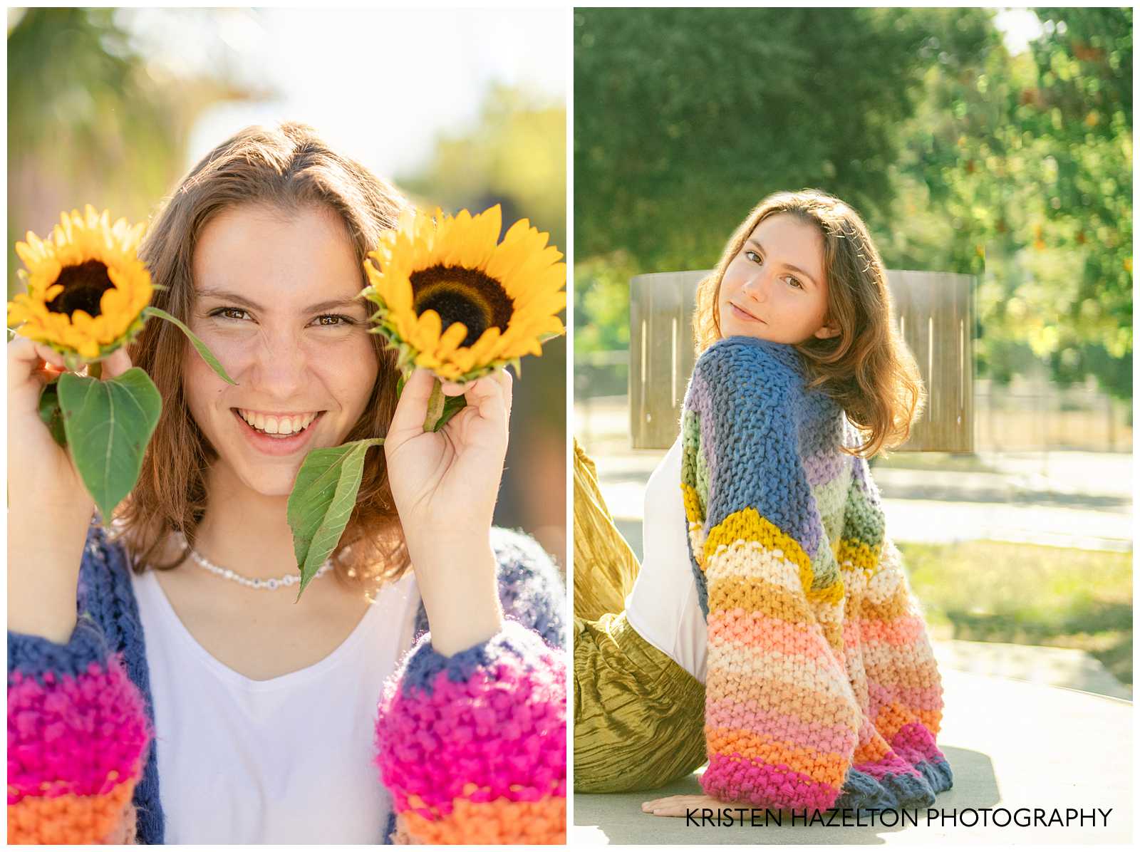 high school senior girl holding sunflowers close to her face and laughing