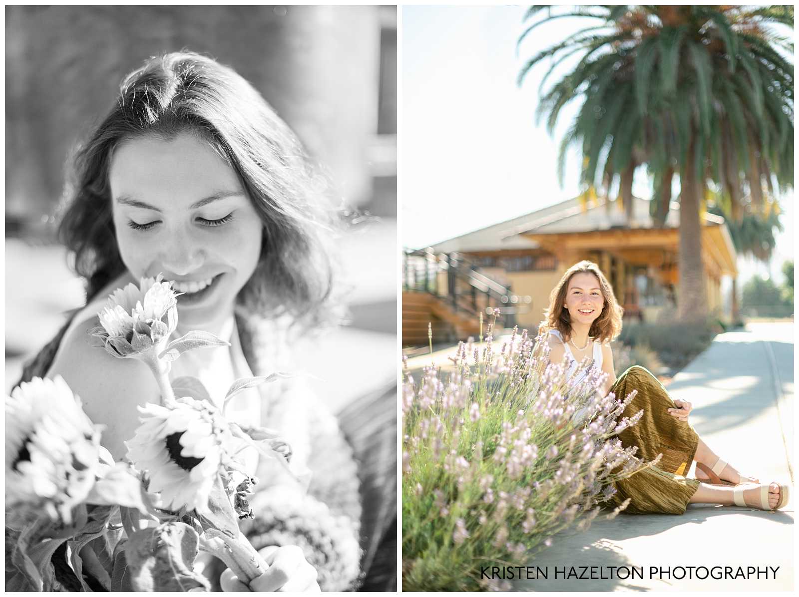 Senior portraits at the Niles Train Plaza with sunflowers, lavender and palm trees.
