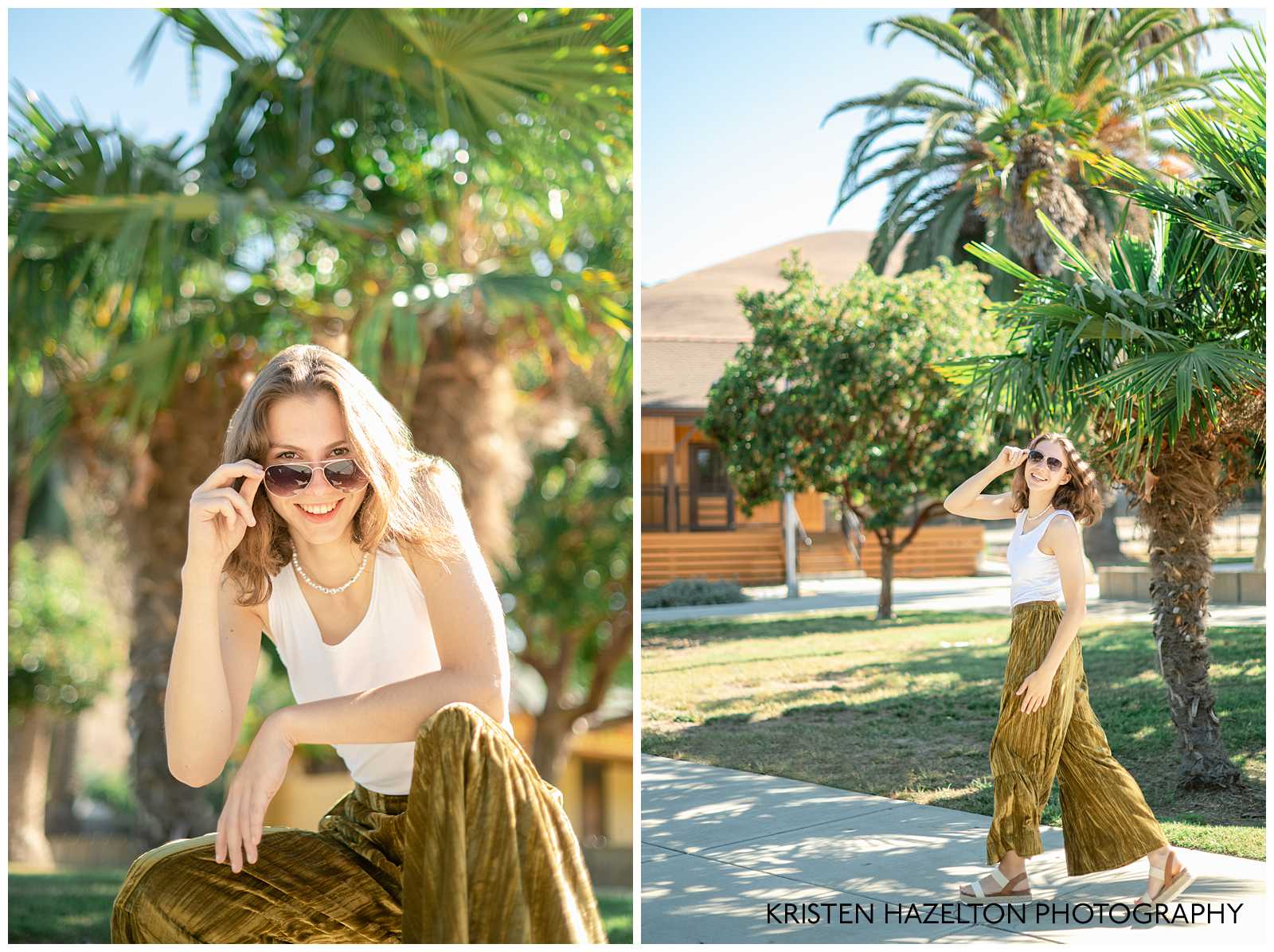 High school senior girl posing with aviator sunglasses and palm trees