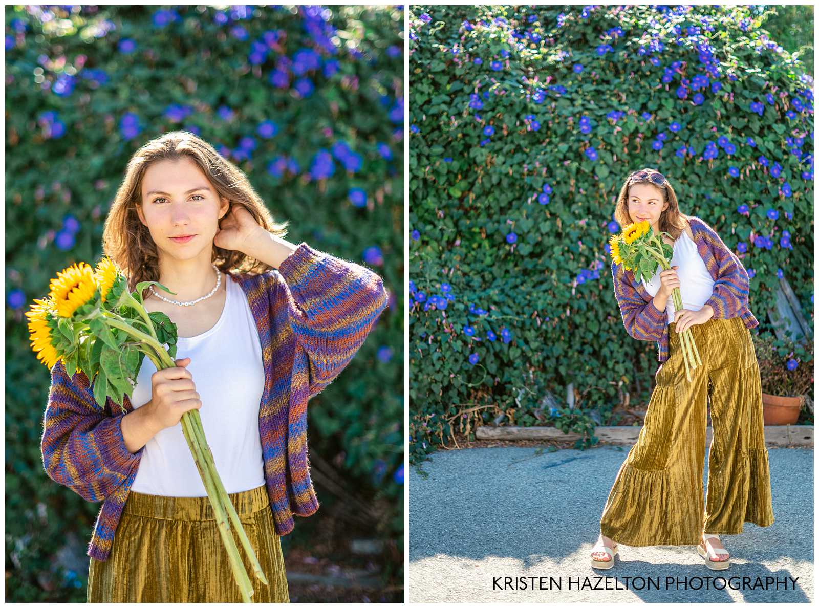 High school senior portraits with sunflowers and blue morning glories