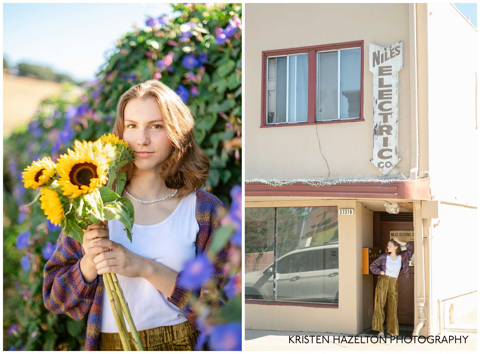 High school senior girl holding sunflowers close to her face while standing in front of a fence covered in morning glory flowers in Niles in Fremont, California