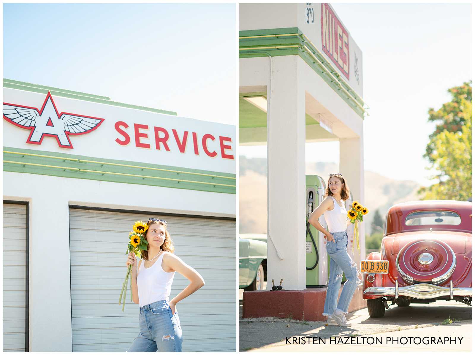 High school senior portraits at a retro gas station by San Jose, CA Senior Photographer Kristen Hazelton