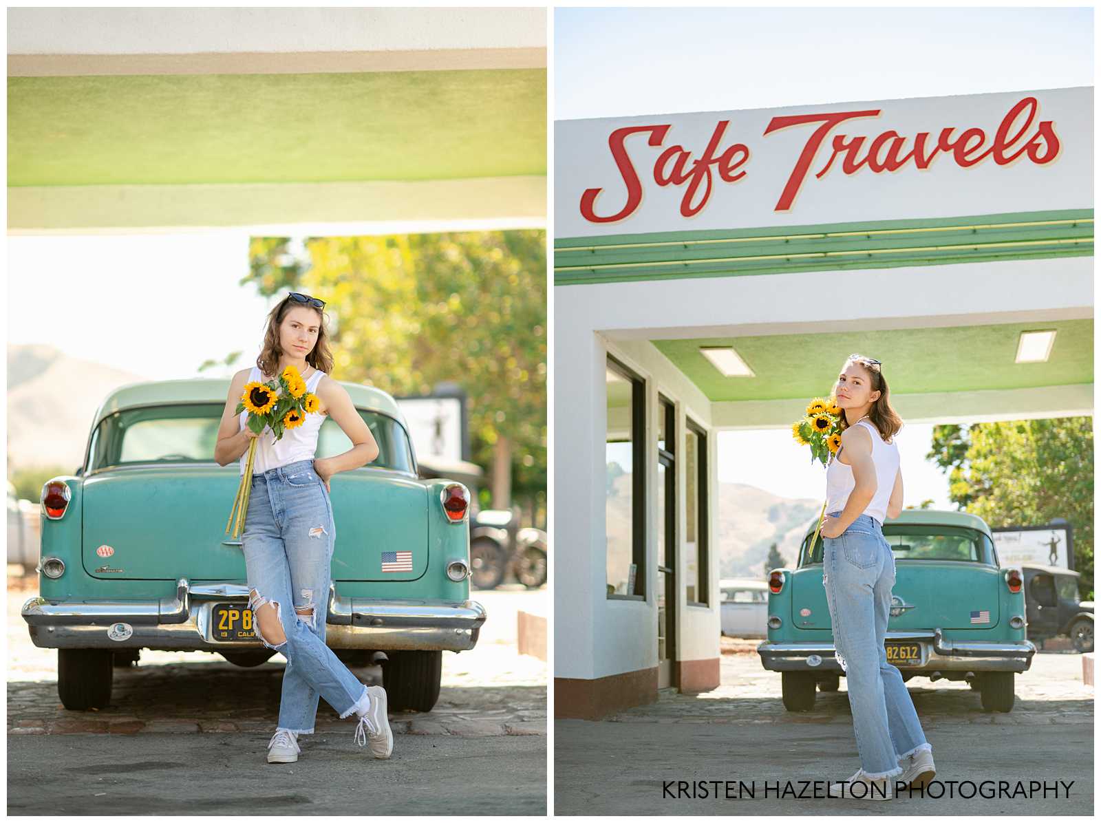 Gas station senior photos; girl wearing white tank top, blue jeans, and holding sunflowers next to a gas station sign that says "Safe Travels"