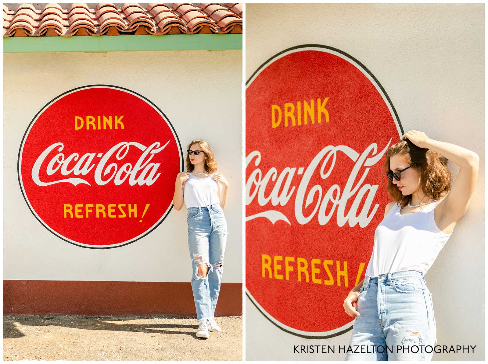 High school senior girl portraits next to a Coca-Cola logo painted on a wall