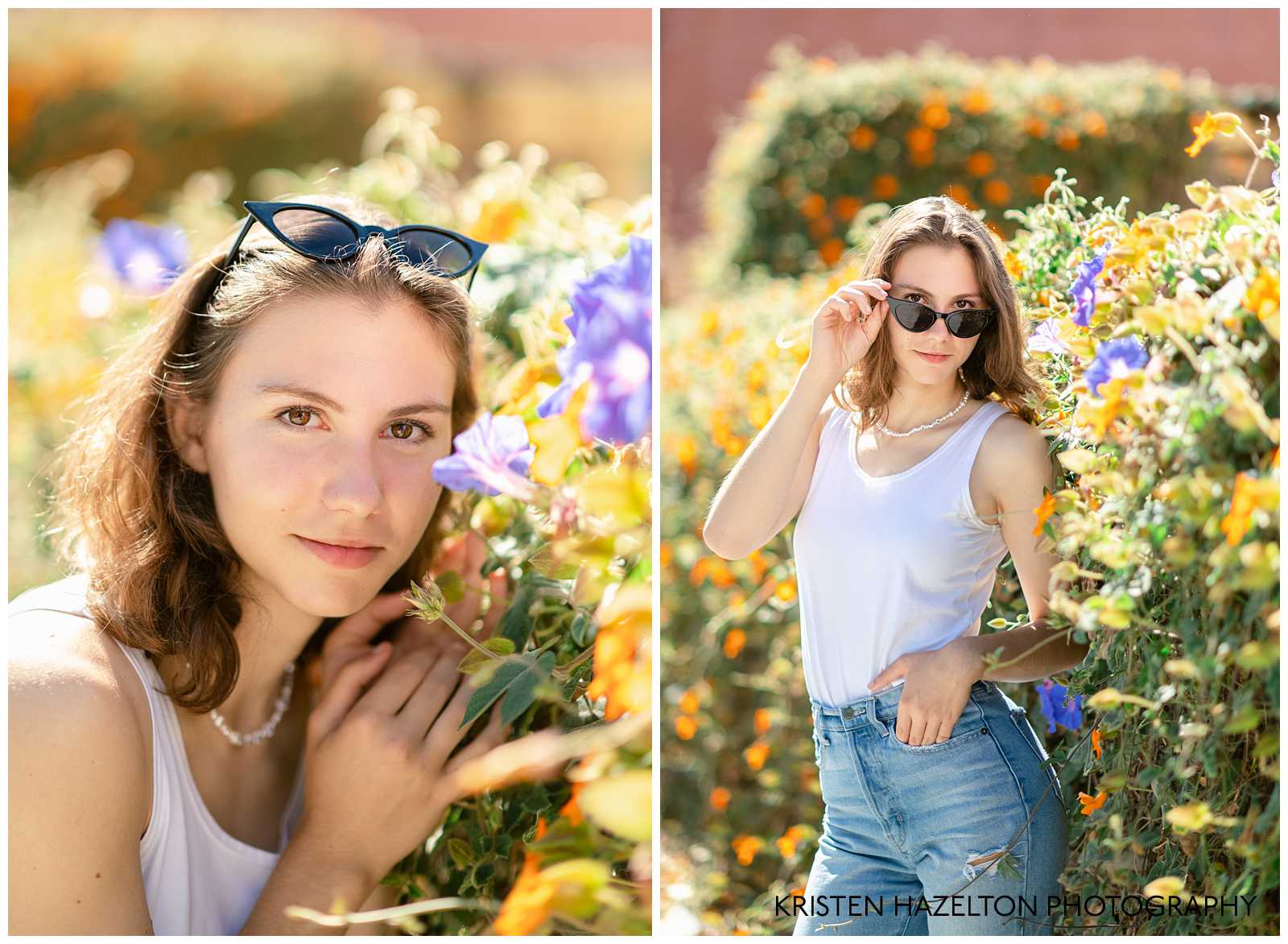 High school senior portraits of a girl with a white tank top, blue jeans, and sunglasses, next to a wall covered in purple and orange flowers. Photo by San Jose, CA Senior Photographer Kristen Hazelton 