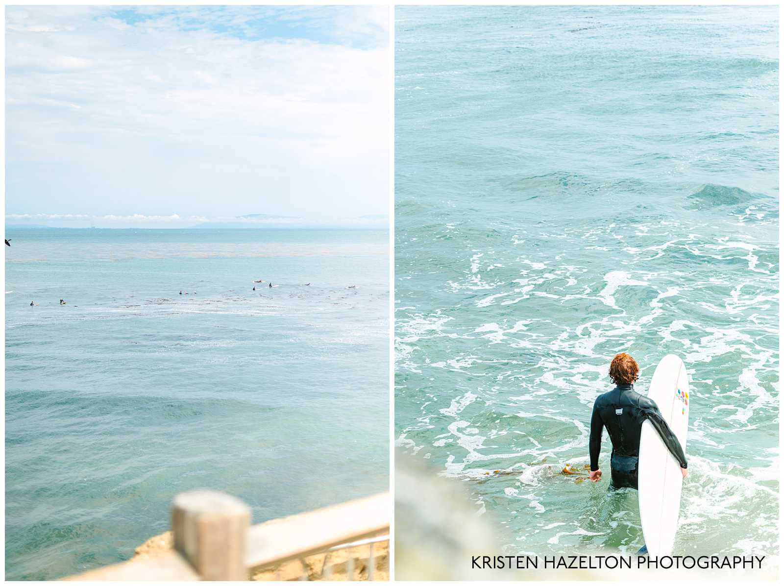 Red haired surfer holding his surfboard, standing in the waves, and looking out at the water. Surfing Photography by Kristen Hazelton. 