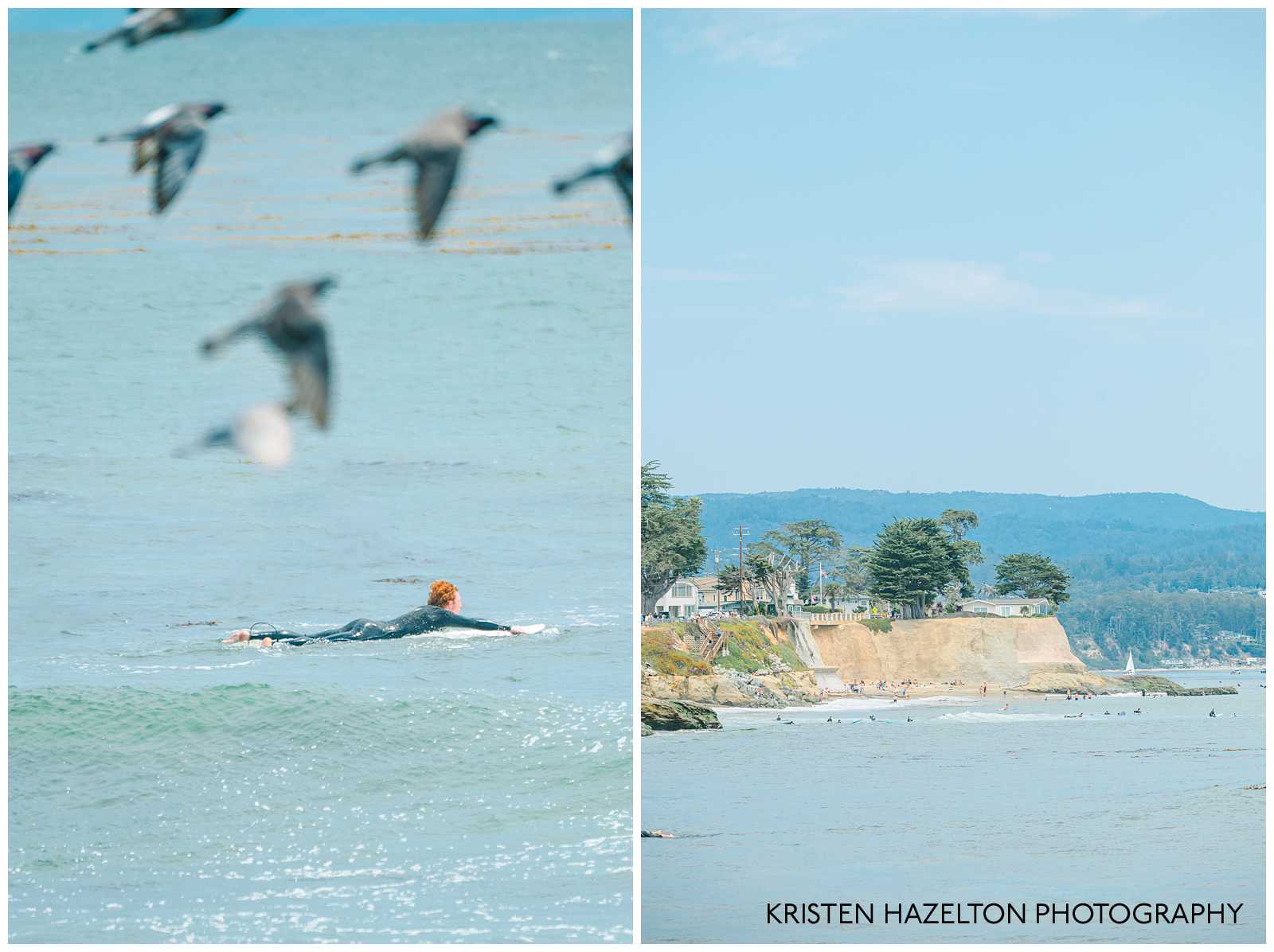 Redheaded surfer paddling in the ocean with birds flying overhead