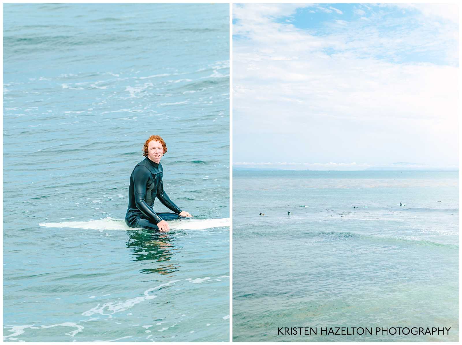 Redheaded man wearing a wetsuit, sitting on a white surfboard in the ocean. Surfing photography by Kristen Hazelton.