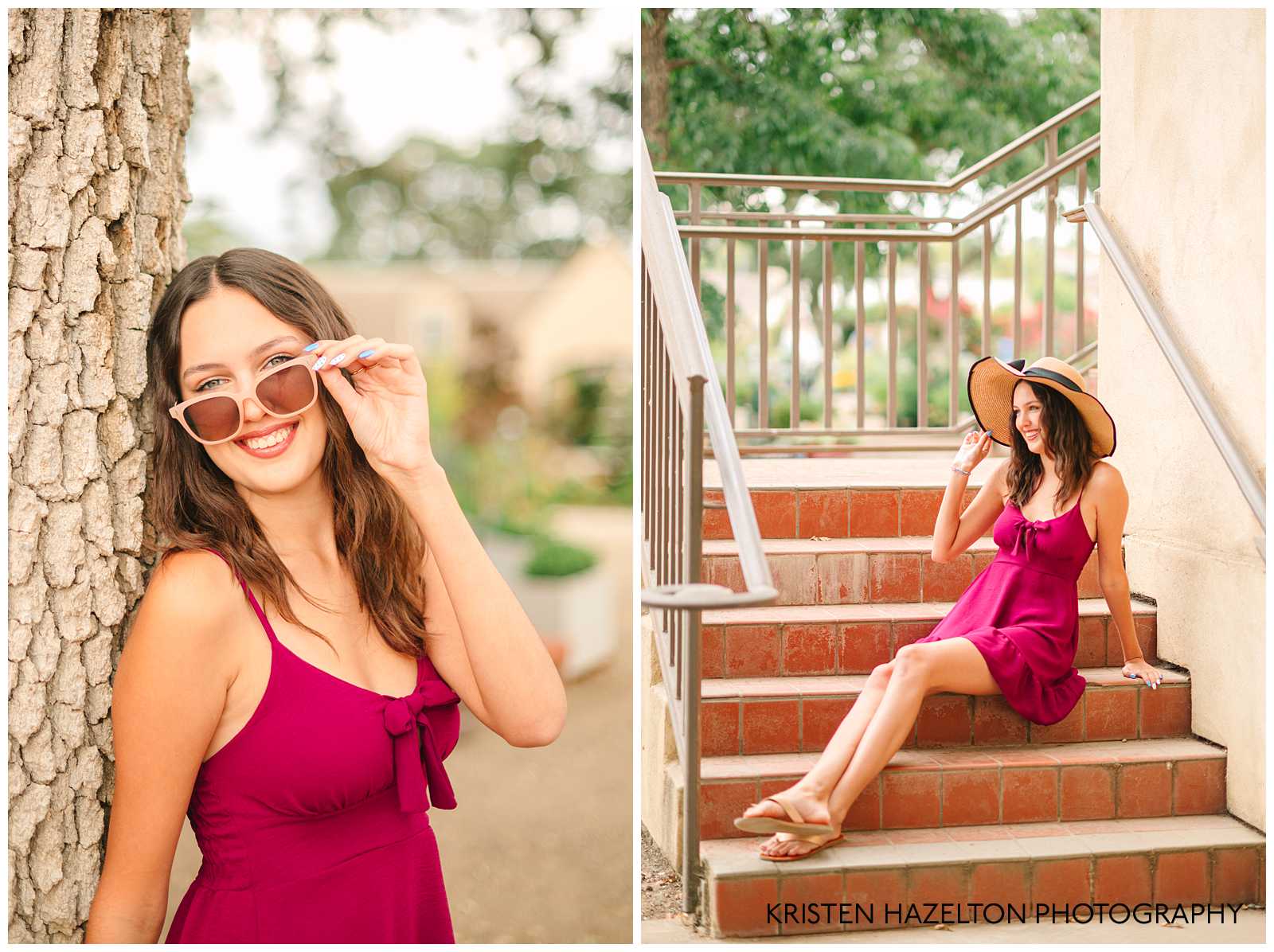 High school senior girl wearing a pink dress and sun hat while seated on terra cotta tile steps.