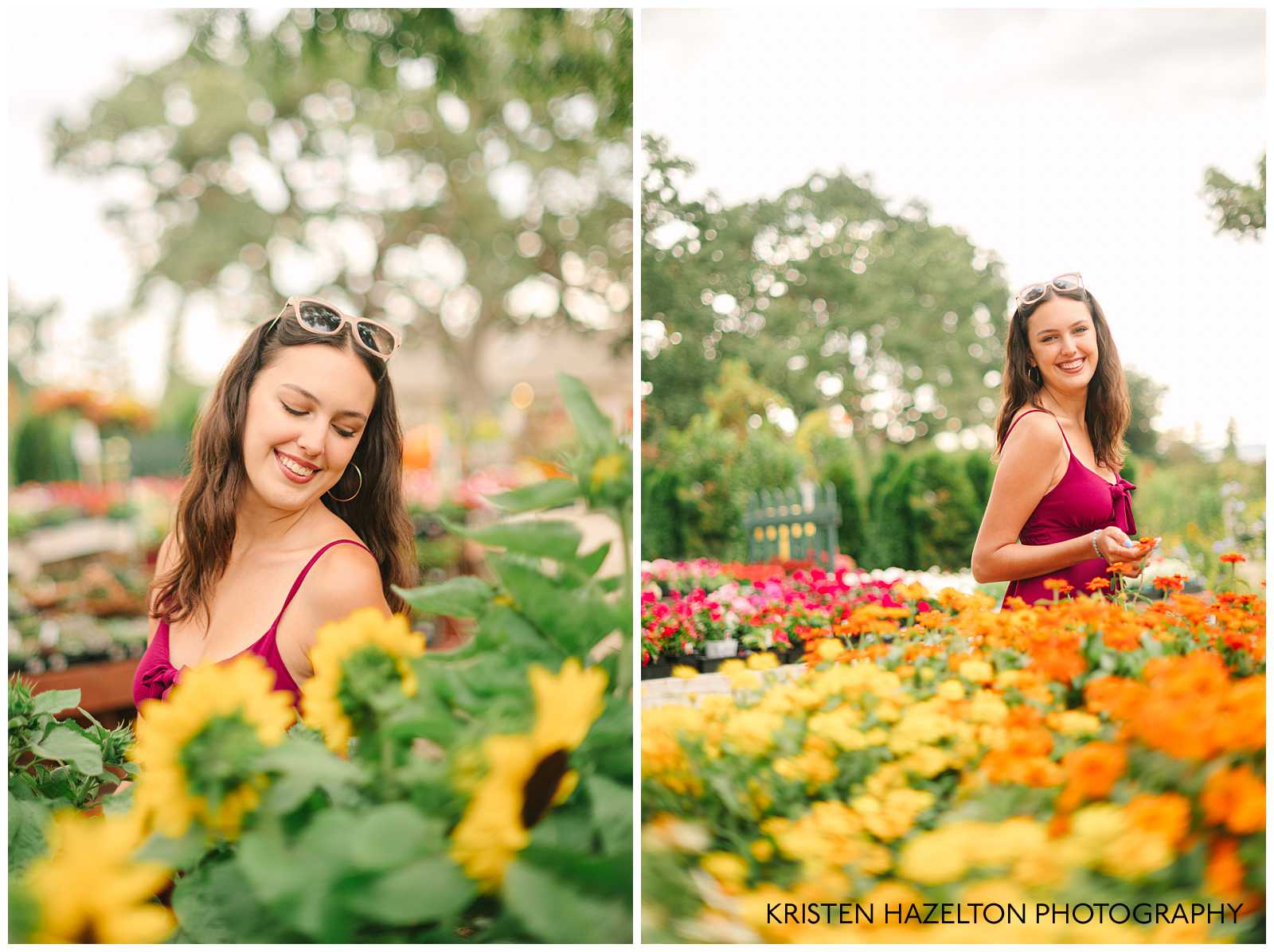High school senior girl looking at orange and yellow sunflowers and marigolds at a garden center
