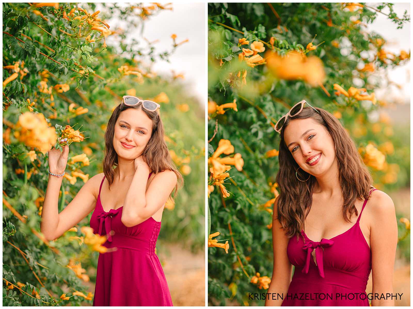 High school senior girl wearing a pink dress with sunglasses on her head, standing next to orange trumpet vines.