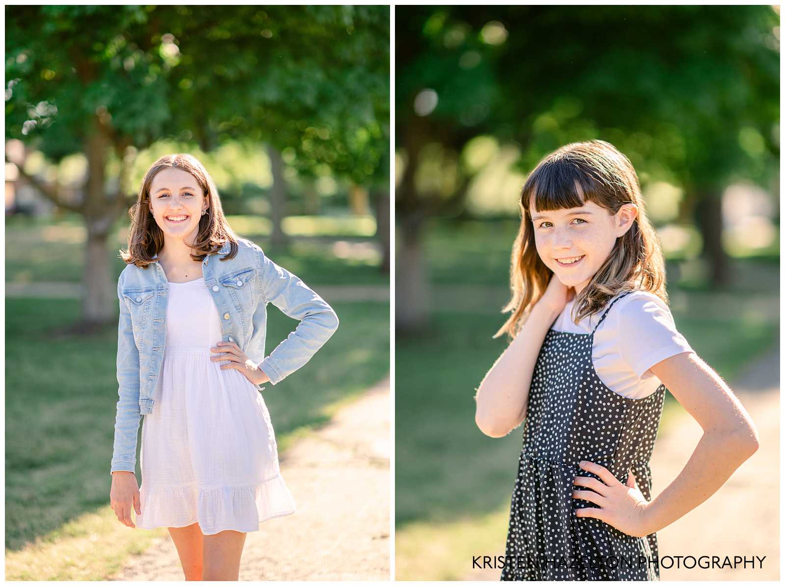 Portraits of two tween sisters. One sister is wearing a white midi dress with a denim jacket, and the other is wearing a black polka dot sundress. 
