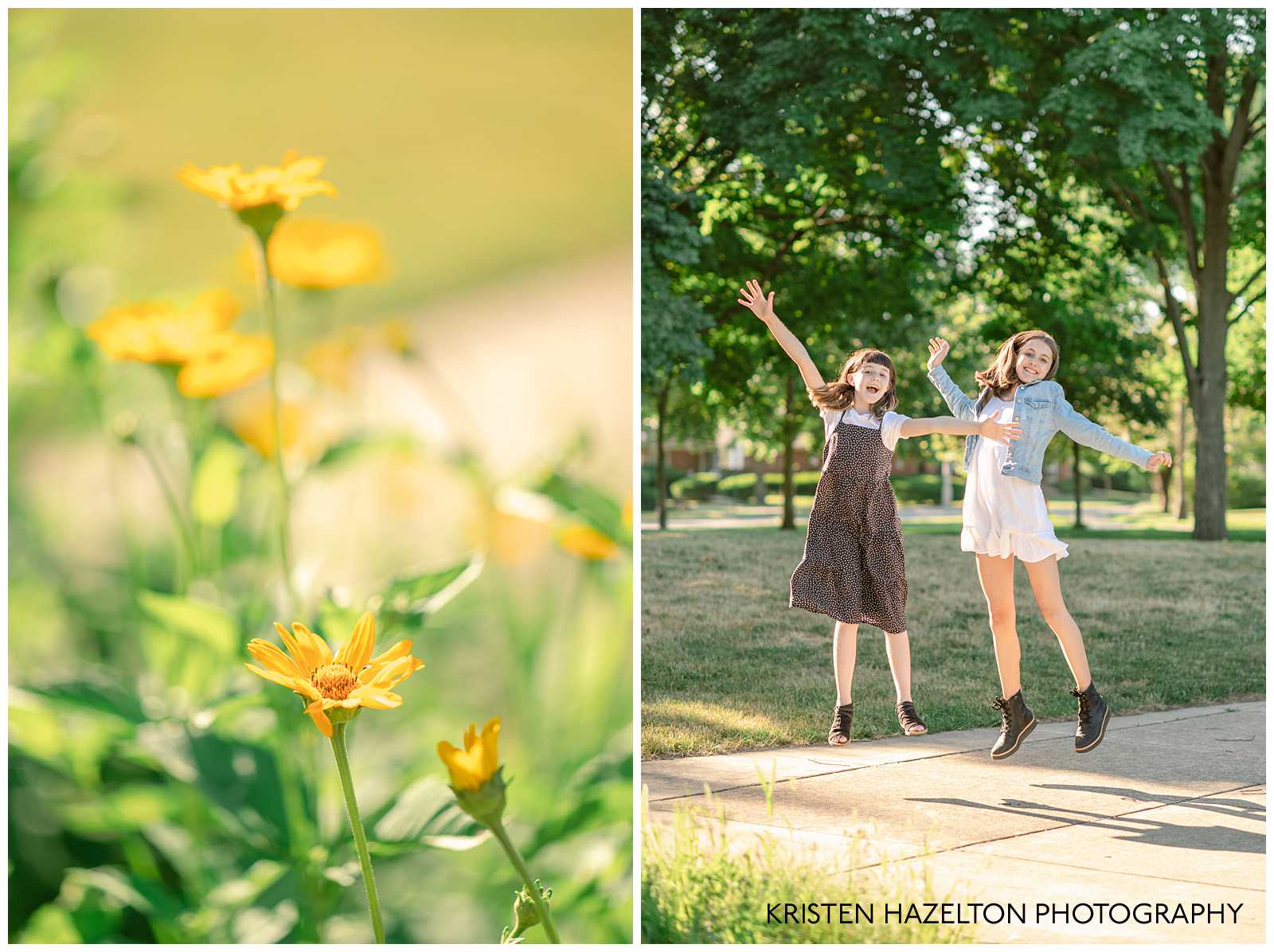 Two tween sisters jumping at their family photos at Lindberg Park, Oak Park, IL.