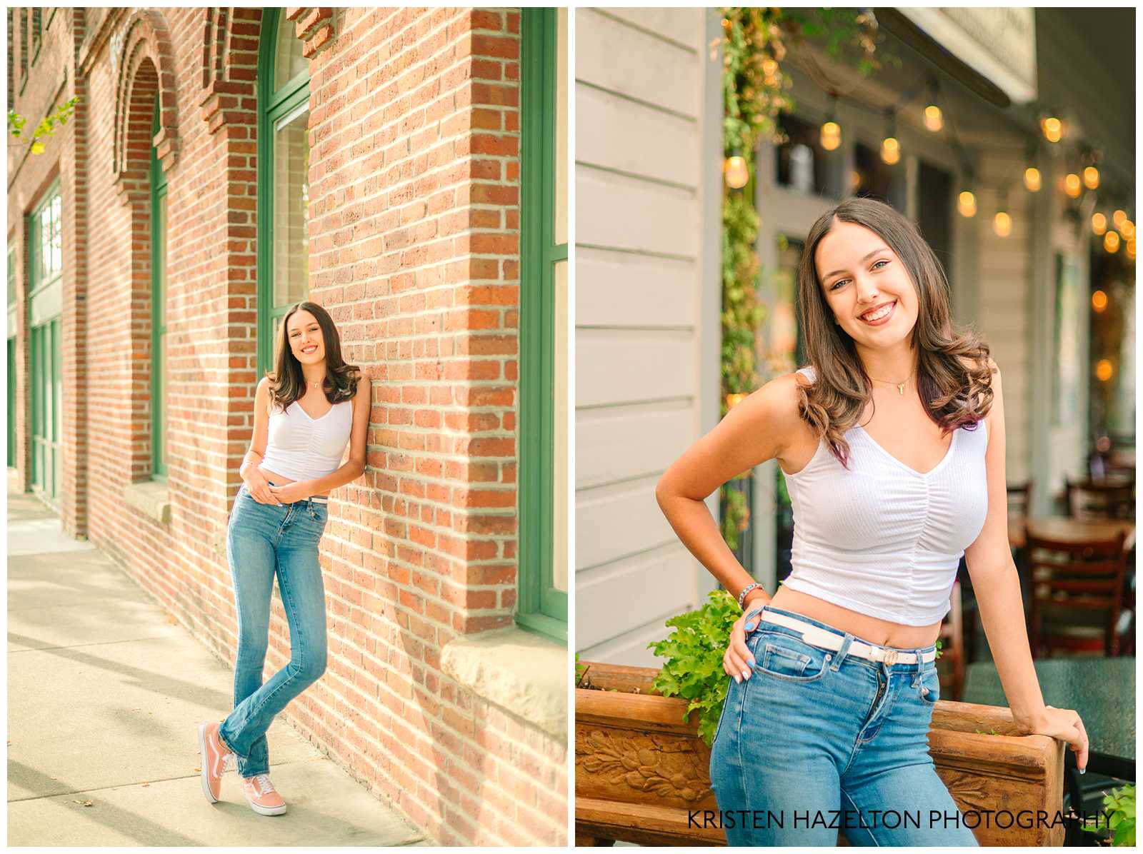 Downtown senior portraits in Pleasanton, CA; a girl wearing a white crop top and blue jeans leaning against a brick wall