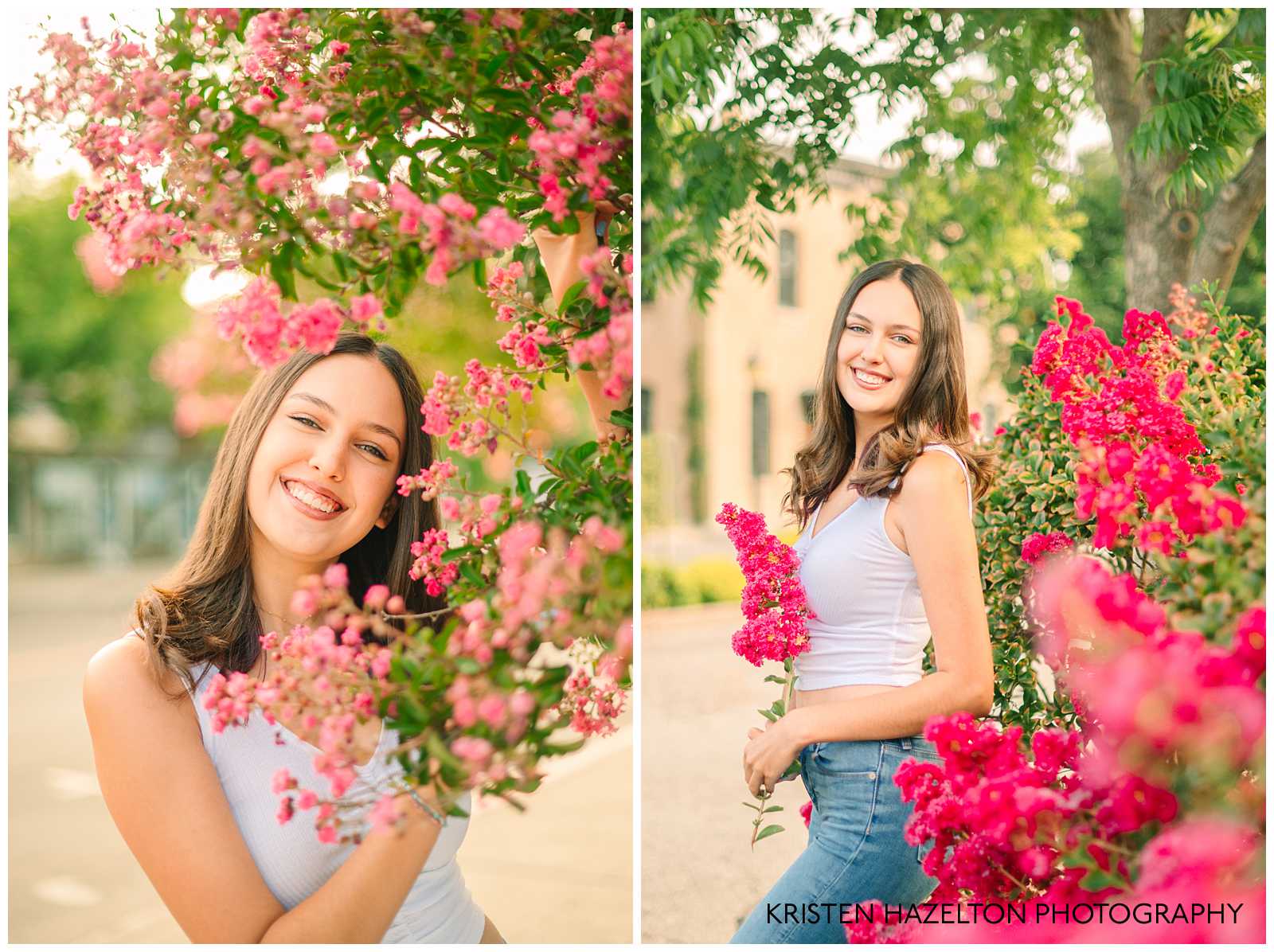 High school senior photos with pink flowers by Pleasanton CA senior photographer Kristen Hazelton