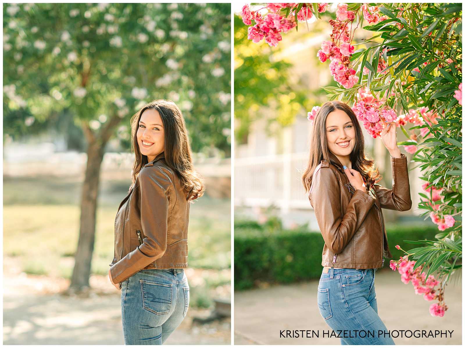 Senior photos with pink oleander flowers by Pleasanton CA senior photographer Kristen Hazelton