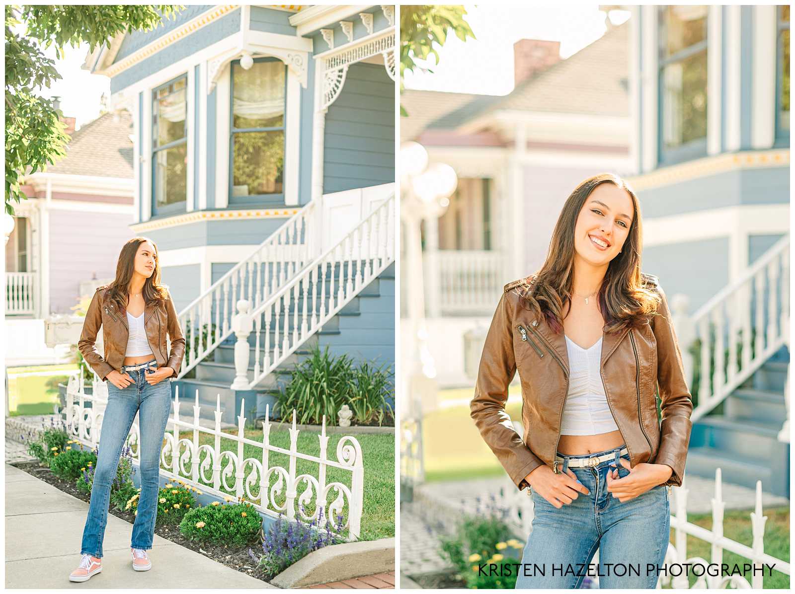High school senior girl wearing blue jeans and a brown leather jacket in front of blue Queen Anne Victorian home in downtown Pleasanton California by Pleasanton CA senior photographer Kristen Hazelton