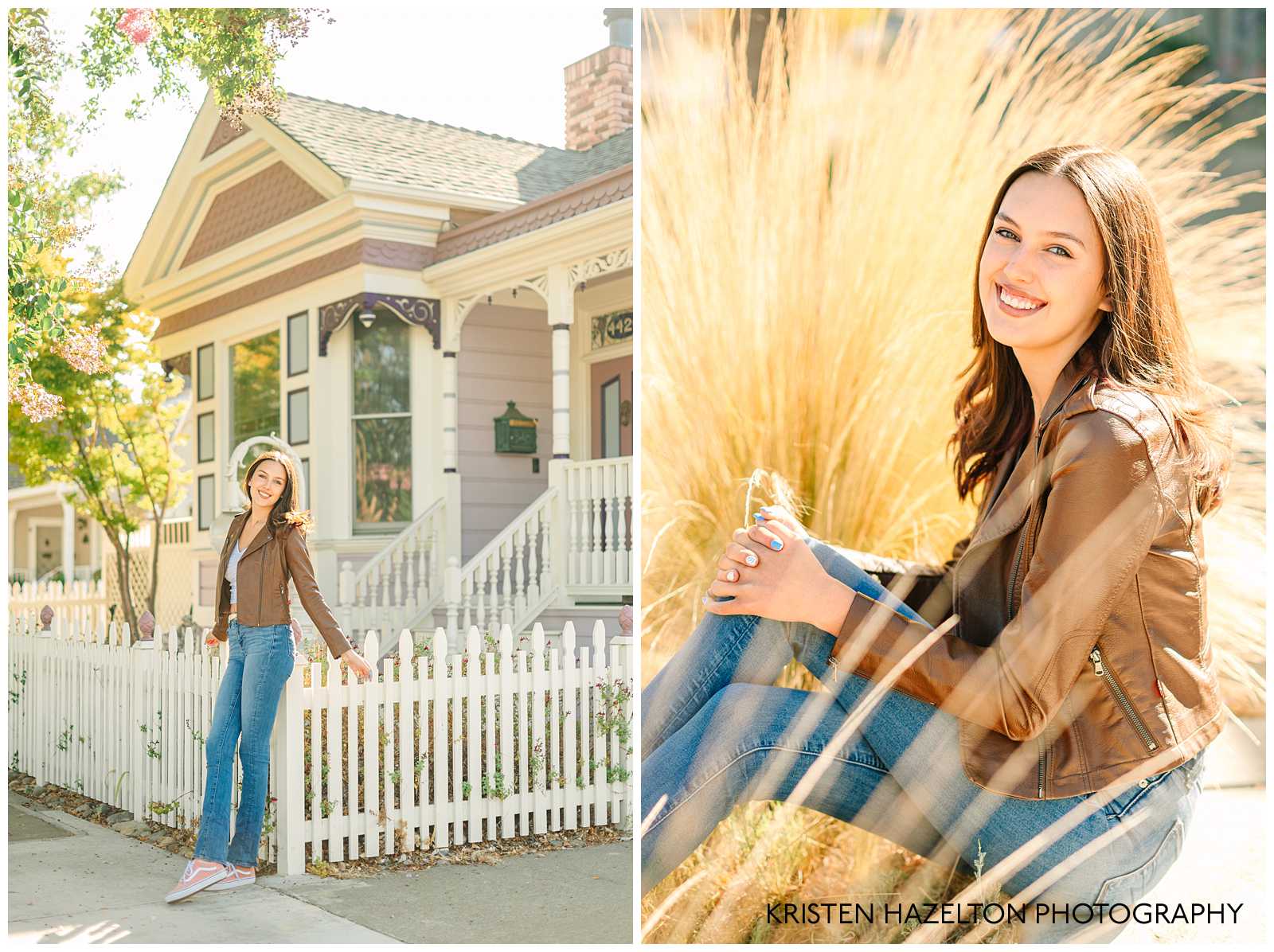 Senior photos with Victorian painted lady houses in downtown Pleasanton, CA