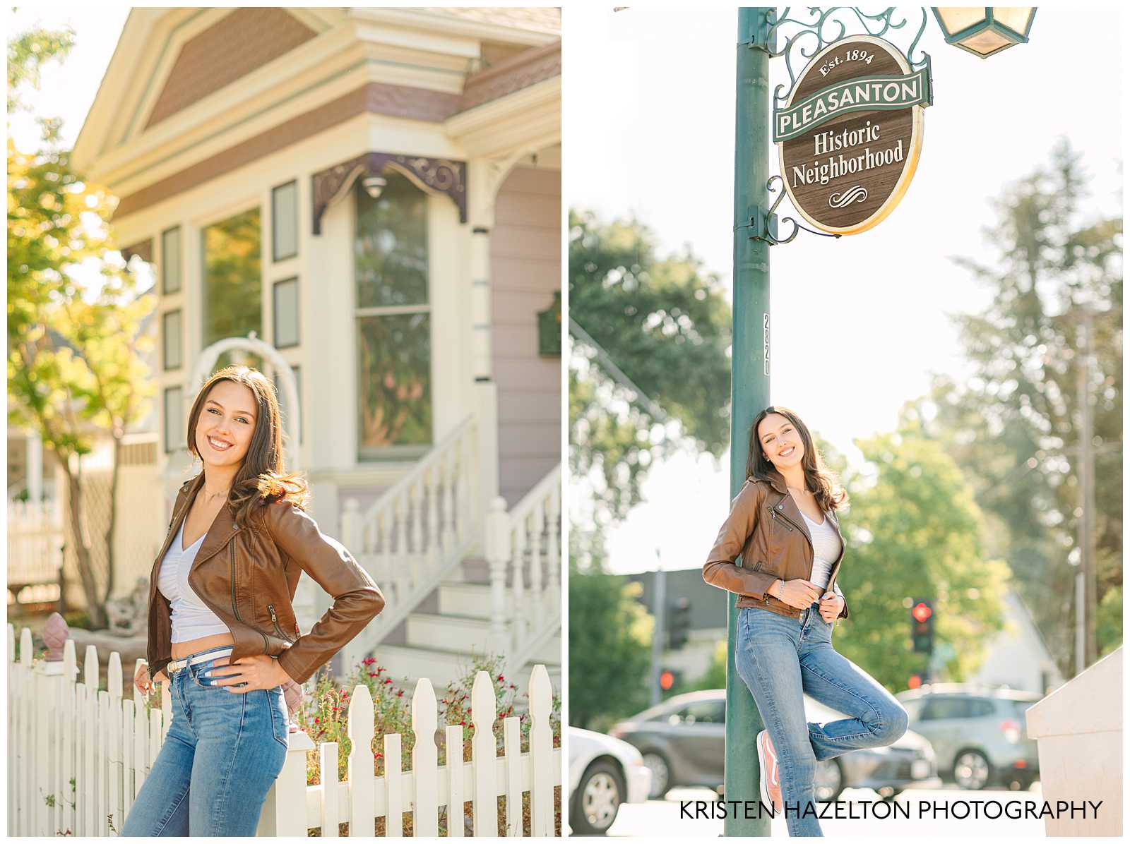 High school senior pics with Victorian houses in downtown Pleasanton Calfornia
