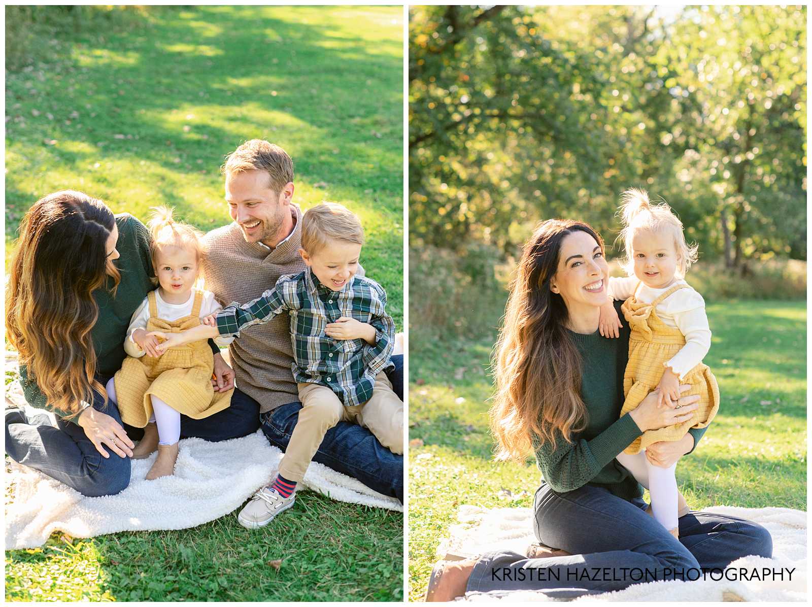 Family of four smiling and tickling each other by Elmhurst family photographer Kristen Hazelton
