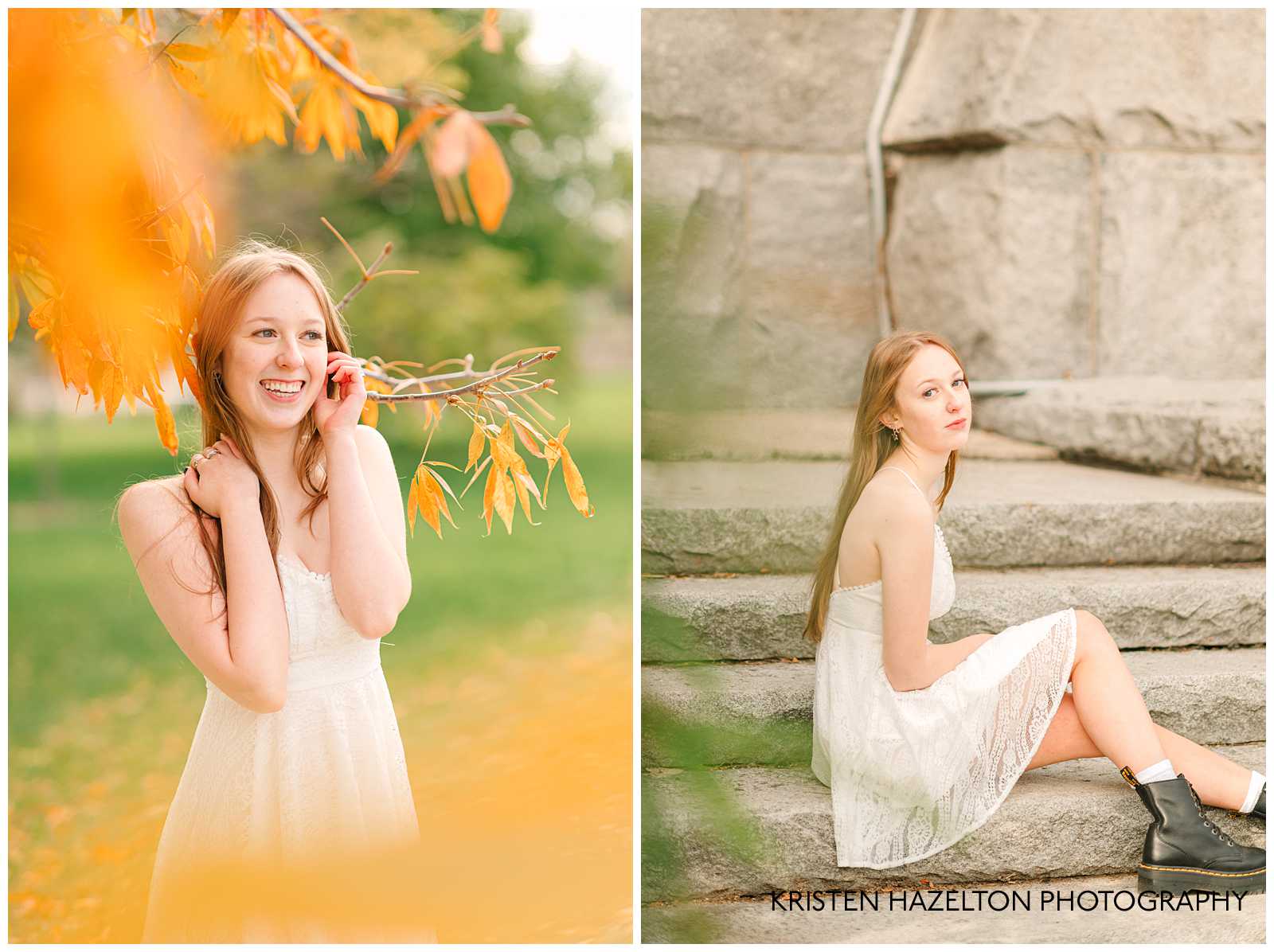 High school senior photos with fall leaves by Chicago Senior Photographer Kristen Hazelton