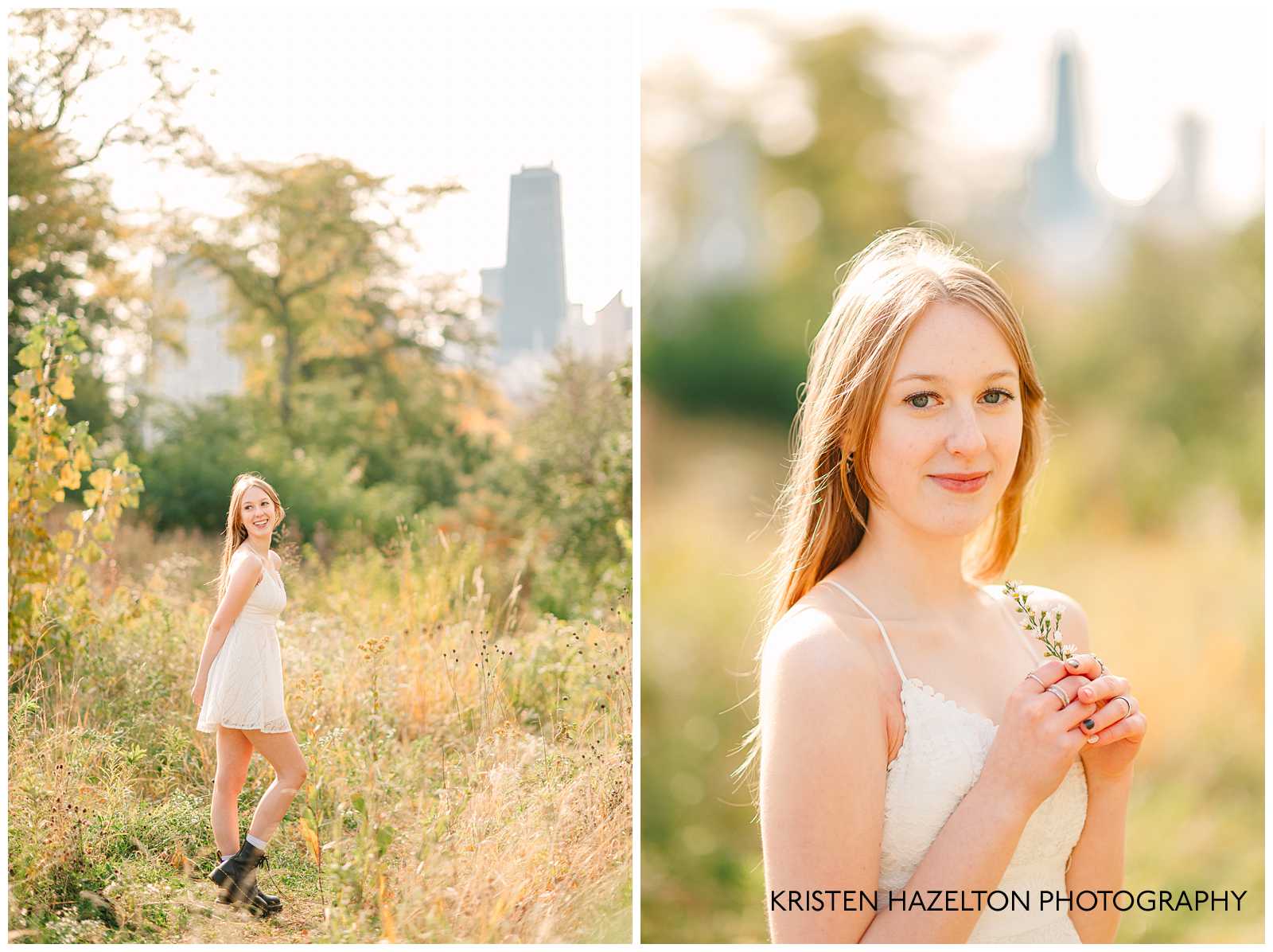 Senior photos of a girl in a white dress standing in a meadow at Lincoln Park zoo in Chicago, IL with the Hancock building and Chicago skyline in the background