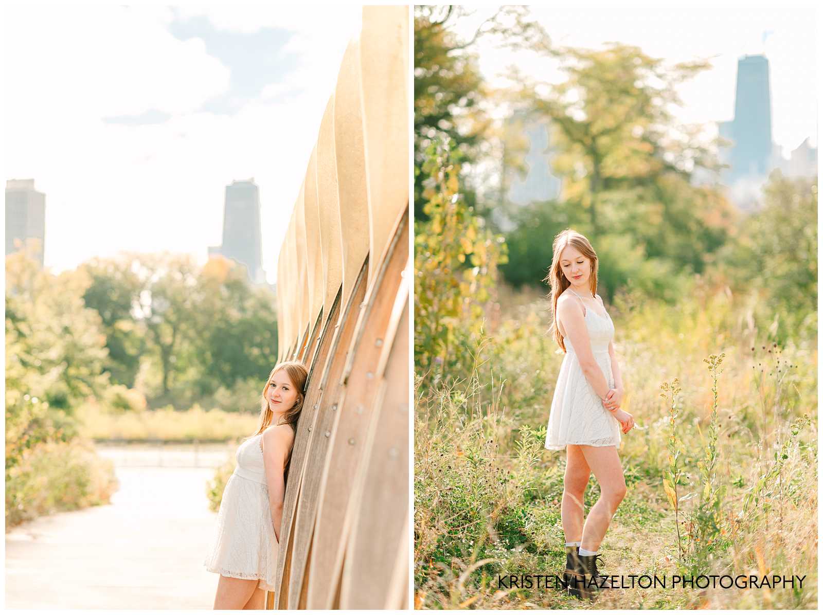 Girl in white dress leaning against the Honeycomb structure in Lincoln Park, in Chicago, IL