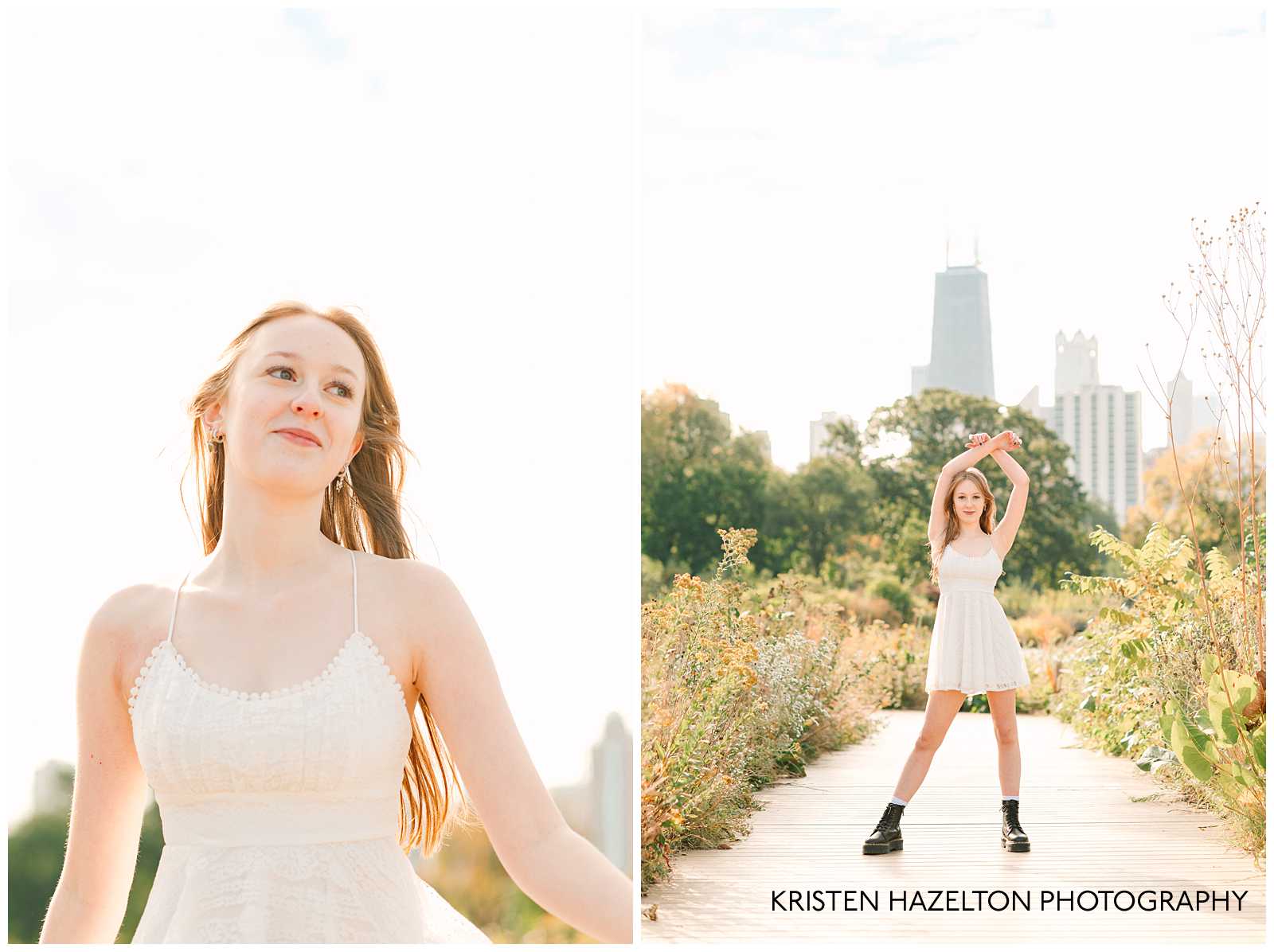 High school senior girl in a white dress and black Doc Martens standing on the boardwalk at Lincoln Park zoo with the Hancock building in the background