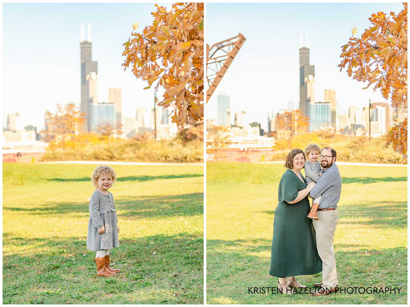 Family photos at Ping Tom Memorial Park in Chicago with the city skyline and St Charles Air Line train bridge in the background