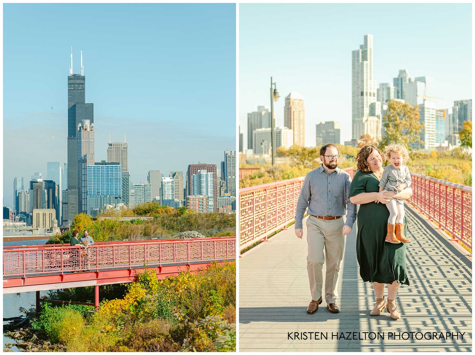 Family photos at Chicago's Ping Tom Memorial Park with the Hancock tower and city skyline in the background