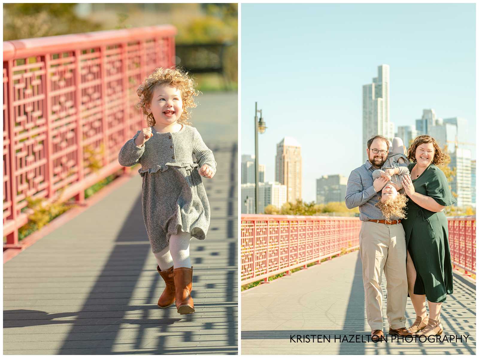 Toddler girl in a gray dress running across the red bridge at Ping Tom Memorial Park that goes over the South Chicago river.