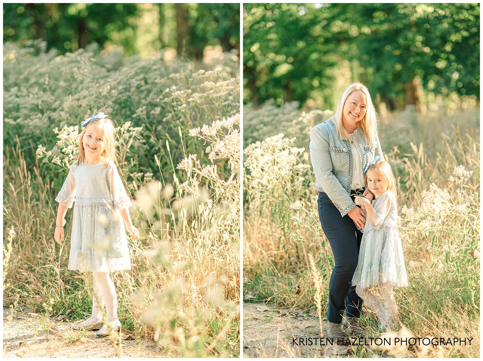 Mom and young daughter standing in a field of yellow grass for their River Forest IL family portraits by Kristen Hazelton