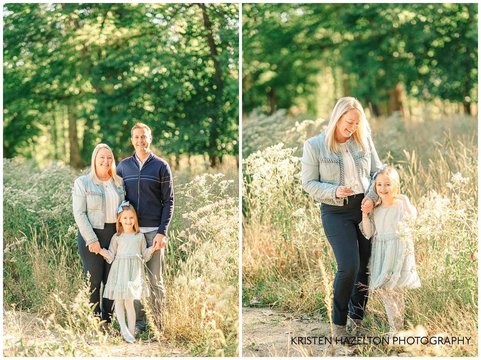 Family of three in a field of yellow grass in River Forest, IL