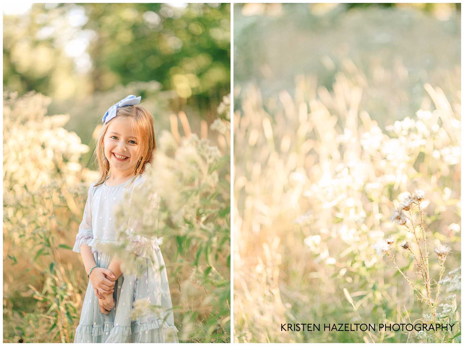 Young girl wearing a blue dress and blue bow in her hair, smiling in a field of yellow grasses. River Forest IL family portraits by Kristen Hazelton