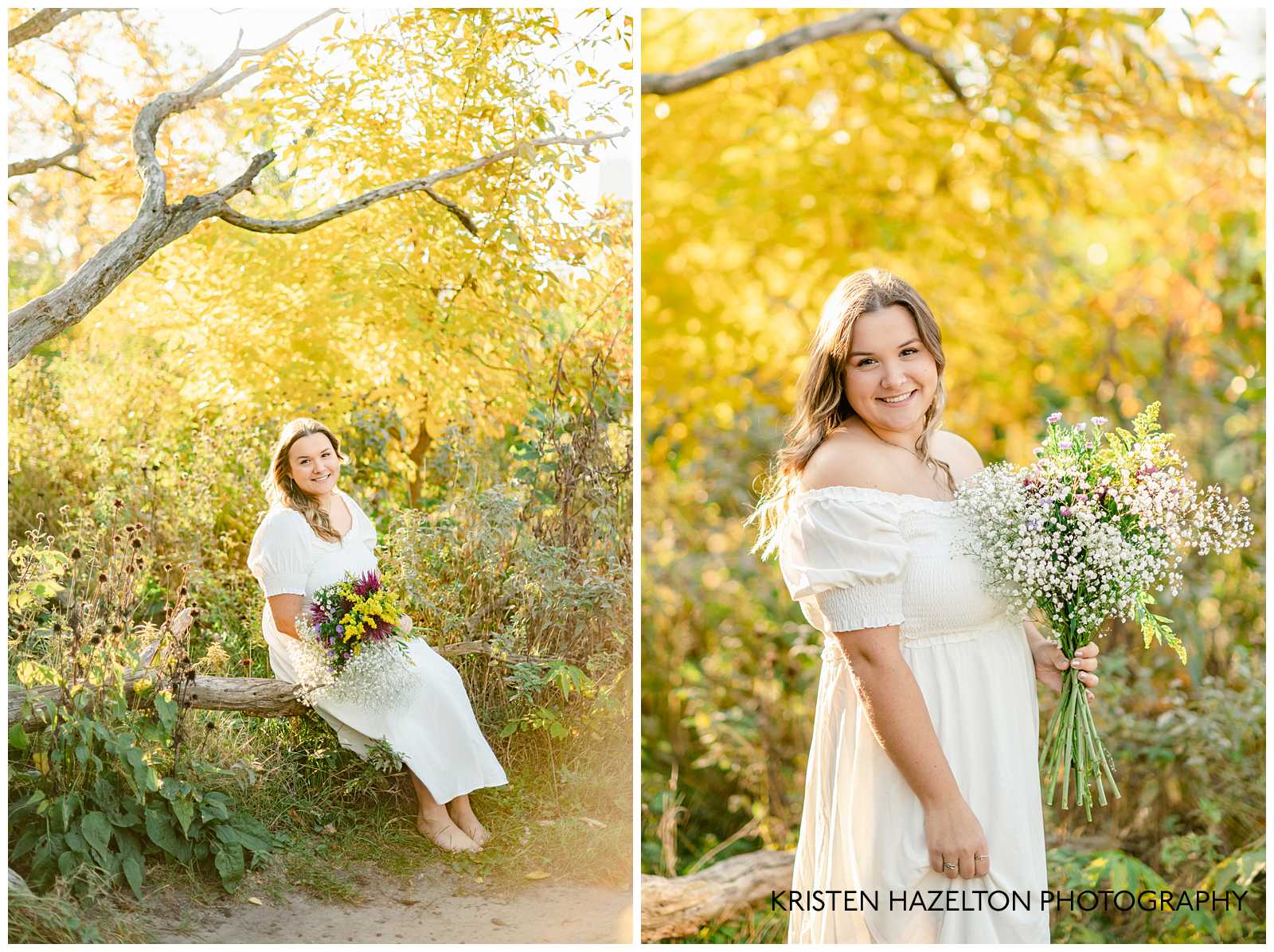 High school senior photos of a girl wearing a white dress and holding a bouquet of wild flowers while sitting in a tree at Lincoln Park