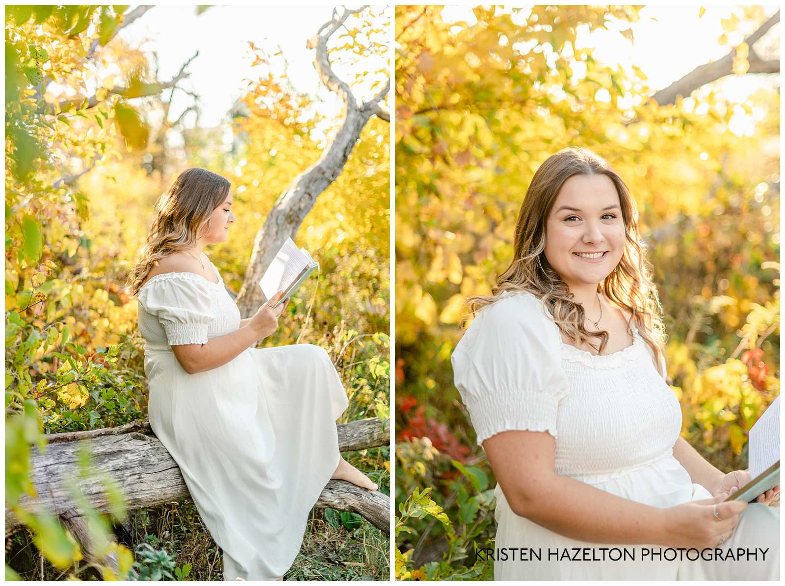 Books aesthetic photoshoot; a high school senior girl in a white dress reading a book while sitting in a tree